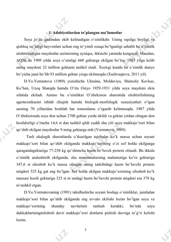 in olinadi. bu ikkala o’simlik aralashtirib ekilganda, shu muommalarning malumotiga ko’ra gektariga 347,6 st silosbob ko’k massa olingan uning tarkibidagi hazm bo’luvchi protein miqdori 525 kg gat eng bo’lgan. sof holda ekilgan makkajo’xorining silosbob ko’k massasi hosili gektariga 325 st ni undagi hazm bo’luvchi protein miqdori esa 378 kg ni tashkil etgan. d.yo.yormatovaning (1991) takidlashicha soyani boshqa o’simliklar, jumladan makkajo’xori bilan qo’shib ekilganda eng avvalo ekilishi lozim bo’lgan soya va makkajo’xorining shunday navlarinin tanlash kerakki, bo’nda soya dukkaklariningtulishish davri makkajo’xori donlarni pishish davriga to’g’ri kelishi lozim. g. t. lovreninkoning (1979) yozishicha silosbobmakkajo’xori vasoya ko’k massasida eng maqbo’l nisbati 3:1 bo’lib, bunday massadan tayyorlangan silosning 1 st da 20 ozuqa birligi va 22 kg hazm bo’luvchi protein mavjud bo’ladi. makkajo’xori soya aralashmasidan tayyorlangan silos bilan oziqlantirilganda sigirlardan olingan sut miqdori ular sof holda makkajo’xori silosi bilan boqilgandagiga qaraganda kuniga 1-2 kg ga oshadi, hamda sutning tarkibiga moy miqdori 0,15-0,20 % ga, …