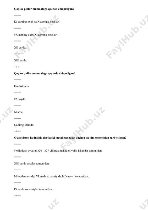‘lov vositasi. ==== jamg'arma vositasi. ++++ bozor iqtisodiyoti sharoitida tovar va mahsulotlarning qiymati qanday aniqlanadi? ==== tovar va mahsulotning tannarxi asosida. ==== ishlab chiqaruvchining foyda miqdori asosida. ==== bozordagi talab va taklif asosida. ==== #tolanadigan soliq stavkalari asosida. ++++ metallar qachondan boshlab pulni vazifasini bajara boshlagan? ==== miloddan oldingi vi - v asrlarda. ==== miloddan oldingi vii - vi asrlarda. ==== #miloddan oldingi v - iv asrlarda. ==== i va ii asrlarda. ++++ dastlabki qog'oz pullar qachon muomalaga kiritilgan? ==== x va ix asrlarda. ==== xii asming oxirida. ==== #xi va xii asrlarda. ==== xi asming boshida. ++++ plastik kartochkalar qachon pulning vazifasini bajara boshlagan? ==== #xviii asming oxiridan. ==== xx asming ikkinchi yarmidan. ==== 2000 yildan. ==== 2002 yildan. ++++ natural shakldagi pullami guruhlanishi qaysi javobda to'g'ri keltirilgan? ==== hayvonlar, buyumlar va o'simliklar shakllida. ==== #hayvonlar, toshlar va mevalar shakllida. ==== oziq-ovqat, toshlar va o'simliklar shakllida. ==== hayvonlar, mevalar …