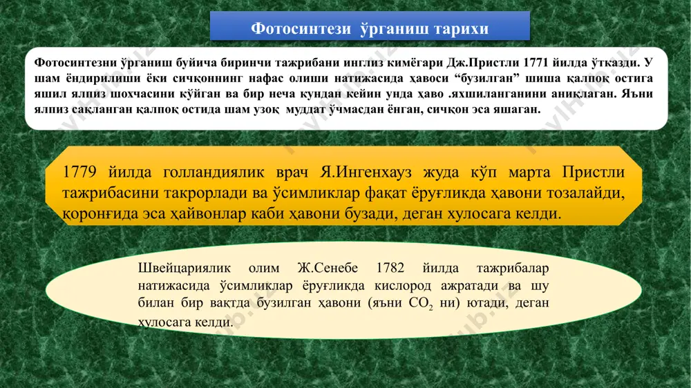 орофилл “а” барча фотосинтетик организмлар учун умумий ягона пигментдир. чунки бу пигмент орқали ютилган ёруғлик энергияси туғридан тўғри фотосинтетик реакцияларда ишлатилиши мумкин. қолган барча пигментлар томонидан ютилган ёруғлик энергияси ҳам хлорофилл “а” га етказиб берилади ва у орқали фотосинтезда ишлатилади. каротиноидлар фикобилинлар ёруғликда борадиган реакциялар қоронғиликда борадиган реакциялар. хлорофилл “а” (хлорофилл “б”, каротиноидлар, фикобилинлар) о2 надфн2 сув ёруғлик атф с3 йўли с4 йўли ёруғлик энергияси электромагнит тебраниш хусусиятига эга. у фақат квантлар ёки фотонлар холида ажралади ва тарқалади. хар бир квант ёруғлик маълум даражада энергия манбасига эга. бу энергия микдори асосан ёруғликнинг тўлқин узунлигига боғлиқ бўлиб, қуйидаги формула билан аниқланади: е=hс, бу ерда, е—квант энергияси, джоул (кдж) ҳисобида, h—ёруғлик константаси, доимий сон 6,26196. 10-34 дж/с—тўлқин узунлиги, с—ёруғлик тезлиги 3.1010 см/с. турли тўлқин узунлигига эга бўлган нурлардаги энергия миқдори. тўлқин узунлиги, нм да бир квантининг энергияси, кдж 400 299, 36 500 239, 48 600 199, 71 700 170, 82 эмерсон эффекти …