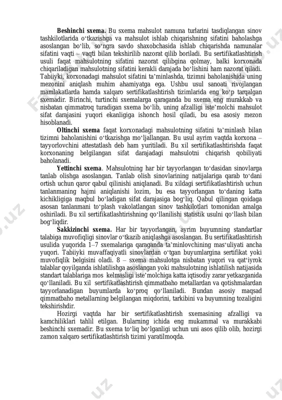nazorat ostiga olinuvchi buyumlar tavsifi uchun ularning miqdoriy qiymatlari va o‘lchash usullari (aniqlanishi) ham markirovka va saqlashga talablari bo‘lishi kerak. agar buyumning eng ko‘p saqlanish muddati qayd etilgan bo‘lsa, bu muddat tugashi bilan u yana sinovdan o‘tkaziladi (shunday tartib, masalan, elektron texnikasi buyumini sertifikatlashtirish tizimida qabul qilingan). odatda sertifikatlashtirishning milliy tizimi milliy standartlarga asoslangan bo‘ladi, ayrim hollarda mamlakatlar to‘g‘ridan – to‘g‘ri xalqaro standartlarni ishlatishi ham mumkin, bunga yaqqol misol tariqasida elektr – ro‘zg‘or asboblari xavfsizligi boyicha xek standartlarini ko‘rsatish mumkin. xalqaro tizimlarda va bitimlarda sertifikatlashtirish xalqaro standartlar yoki boshqa texnikaviy ish tartibi asosida o‘tkaziladi. shuni qayd etish kerakki, bunday standartlarni (ish tartibini) ishlab chiqishda asos qilib, biror mamlakatning milliy standarti olinadi, bu esa o‘z navbatida, usha mamlakatga nisbatan ma’lum qulayliklar yaratadi. sertifikatlashtirishning xalqaro tizimlaridagi meyoriy hujjatlarni ishlab chiqish va undan foydalanishda o‘zining ma’lum xususiyatlari bor. masalan, elektron texnikasi buyumlarini sertifikatlashtirish tizimida kerakli standartlar bo‘lmaganda ham, agar ular xek tomonidan ishlab …