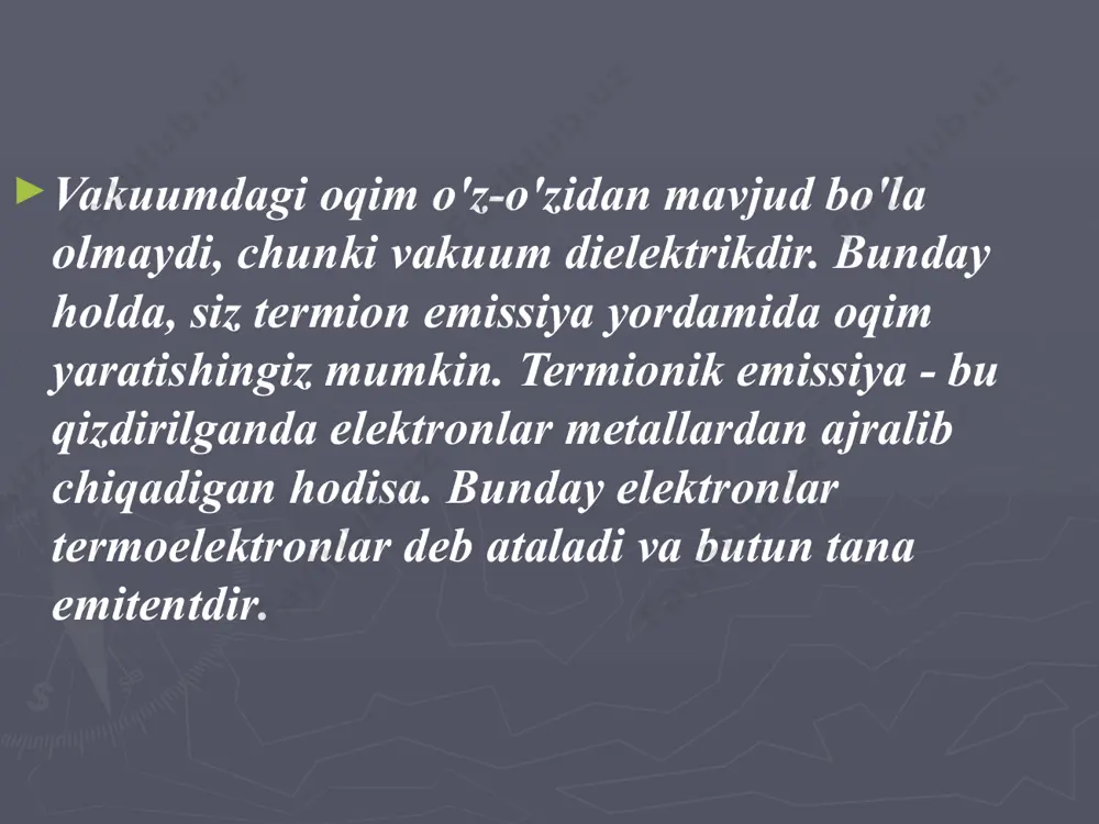moelektron emissiya tokining maksimal toʻyinish qiymatining kuchlanishga bogʻlikligi chayld — lengmyur formulasi bilan ifodalanadi. termoelektron emissiya koʻpgina elektrovakuum asboblar va ion asboblar ishlashining asosi hisoblanadi. uni dastlab 1900—01 yillarda o.u. richardson oʻrgangan. richardson — deshman formulasi yarimoʻtkazgichli emitterlar uchun ham oʻrinli, ammo bunda termoelektron emissiya hodisasining mohiyati metallarnikidan farq qiladi. termoelektron emissiya katodlar ishlab chiqarish, elektrovakuum va gazrazryad qurilmalarning asosini tashkil etadi. foydalanilgan adabiyotlar m.m.usmonov fizika qo‘llanma. dobretsov l.n., gomoyunova m.v., emissionnaya elektronika, m., 1966; fomenko b.c., emissionnie svoystva materialov, kiyev, 1970; nikonov v.p., oksidniy katod, m., 1979. e’tiboringiz uchun raxmat image1.jpeg image2.jpeg image3.jpeg image4.jpeg image5.jpeg image6.jpeg image7.jpeg image8.jpeg image9.jpeg image10.jpeg image11.jpeg