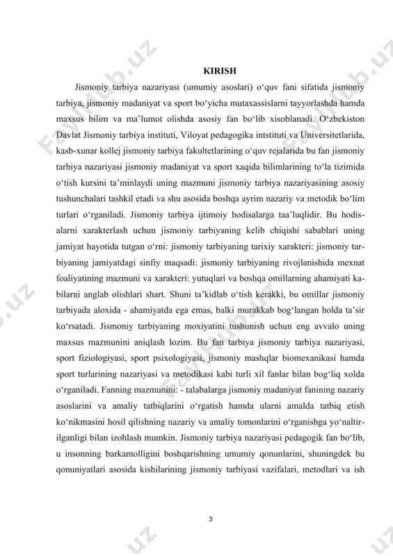 yasi, jismoniy mashqlar biomexanikasi hamda sport turlarining nazariyasi va metodikasi kabi turli xil fanlar bilan bog‘liq xolda o‘rganiladi. fanning mazmunini: - talabalarga jismoniy madaniyat fanining nazariy asoslarini va amaliy tatbiqlarini o‘rgatish hamda ularni amalda tatbiq etish ko‘nikmasini hosil qilishning nazariy va amaliy tomonlarini o‘rganishga yo‘naltirilganligi bilan izohlash mumkin. jismoniy tarbiya nazariyasi pedagogik fan bo‘lib, u insonning barkamolligini boshqarishning umumiy qonunlarini, shuningdek bu qonuniyatlari asosida kishilarining jismoniy tarbiyasi vazifalari, metodlari va ish shakllarini aniqlaydi. jismoniy tarbiya nazariyasi fanining mazmuni bir so‘z bilan aytganda shaxsni har tomonlama jismoniy kamol toptirishga yo‘naltirilgan va vatan mudofaasiga tayyorlaydigan tarbiya to‘g‘risidagi bilimlarni majmuini tashkil qiladi. jismoniy tarbiya nazariyasi jismoniy tarbiya amaliyotdagi hamma turlarini, hamda aralash fanlarning dalillarini umumlashtiradi. buni o‘rganish hamma sport pedagogik mutuxassisliklarga umumnazariy asos bo‘ladi. fanni o‘qitishdan maqsad – bo‘lajak kadrlarga “jismoniy tarbiya nazaryasi va metodikasi” fani bo‘yicha atroflicha va chuqur kasbiy bilimlar berish. talabalarga gimnastika turlarining mashq elementlarini, umumrivojlantiruvchi mashqlarni o‘rgatish, harakatli o‘yinlar …