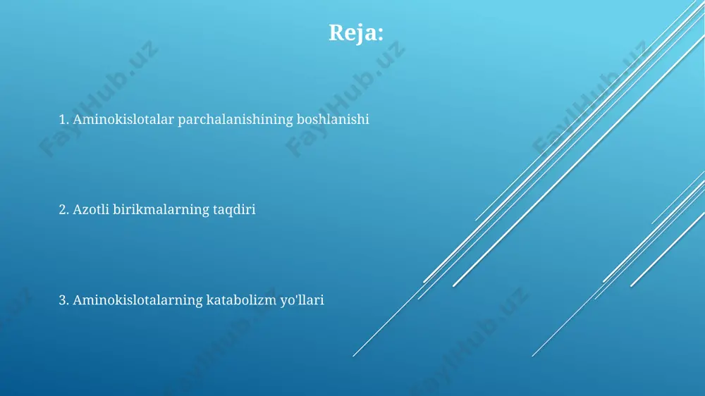 yuzasida joylashgan peptidazalar 100 dan ortiq turdagi aminokislotalarni individual aminokislotalarga parchalaydi, so'ngra ular qonga singib ketadi. oqsil gidrolizi jarayonida, masalan, oshqozonda, ph 2 ga yaqin sharoitda pepsin fermenti 10-20 ta aminokislotali peptidlar hosil qiladi. aminokislotalarning toksik mahsulotlariga aylanishi va ularni zararsizlantirish sistein va metionin kabi oltingugurtli amino kislotalar parchalanishi natijasida vujudga keladigan sulfatlar buyraklar orqali siydik bilan 24 soat ichida chiqariladi va organizmni toksinlardan tozalaydi. fenilketonuriya kasalligi 10 000 yangi tug'ilgan chaqaloqdan 1 tasida uchrab, fenilalanin amino kislotasining to'planishiga olib keladi va miyaga zarar yetkazishi mumkin, bu esa kaliforniya shtatida maxsus skrining testlarini o'tkazishga olib keldi. amino kislotalar parchalanishi natijasida hosil bo'ladigan ammiak (nh3) kabi toksik birikmalar jigarda ureaga aylantiriladi, bu jarayon orqali organizm 20 dan ortiq turdagi amino kislotalarni zararsizlantiradi. aminokislotalarning glikolizga qo'shilishi 5 ta aminokislota (glutamin, prolin, arginin, histidin va glitsin) katabolizm jarayonida, jigar hujayralarida, oraliq metabolitlar orqali glikolizga ta'sir etadi. aspartat, oksaloatstetat orqali, krebs siklining 4-bosqichida, mitoxondriyada, …
