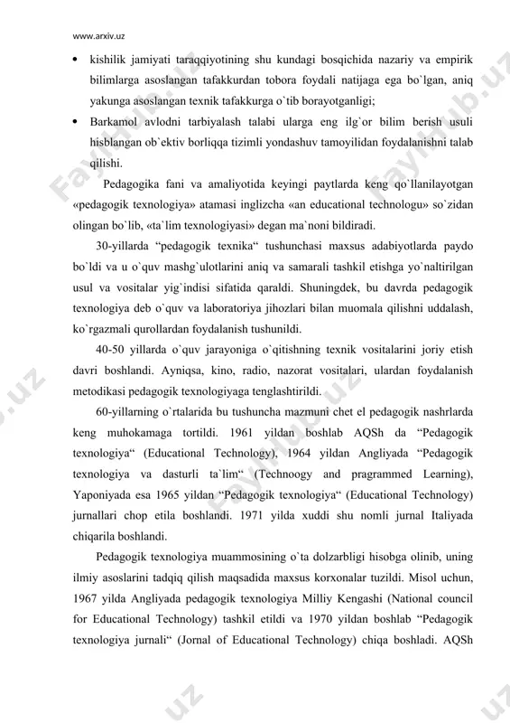 etlari va ilmiy markazlarida ham pedagogik texnologiya muammolariga jiddiy e`tibor berildi. pedagogik texnologiyaning mohiyati va mazmuni. pedagogika talabalar guruhi bilan ishlashda yuqori natijaga erishish yo`llarini doimo izlab kelgan va o`z vosita, usul va shakllarini hamma vaqt takomillashtirib kelgan. ko`zlangan maqsadga erishish imkoniyatini beruvchi, qandaydir usul yoki usullar majmuasini topish ilinjida bo`ldi. buning natijasida turli uslubiyotlar paydo bo`ldi. pedagogik tajriba to`planishi bilan yangi, samaraliroq uslubiyotlar yaratila bordi. ammo, yangi uslubiyotlarni yaratish borasidagi amaliy ishlar natijasi, o`sib borayotgan talablarga hamma vaqt ham javob bermas edi. o`qitishdagi doimiylik, rejalashtirilgan natijalarga erishish kafolati kabi muammolar o`z echimini kutar edi. o`qitish jarayoni bilan ishlab chiqarish texnologik jarayon taqqoslash asosida - pedagogik texnologiya o`zida o`qitishning zamonaviy samarali shakl va usullarini qamrab olganidek, zamonaviy ishlab chiqarish - texnologik jarayon ham mahsulot tayyorlashning eng samarali usullarini qamrab olishini ta`kidlash mumkin. ishlab chiqarishda texnologiya so`zidan kelib chiqadigan quyidagi tushunchalar ishlatiladi: texnologik jarayon- ishlab chiqariladigan mahsulotga ishlov berishning yagona jarayonini …