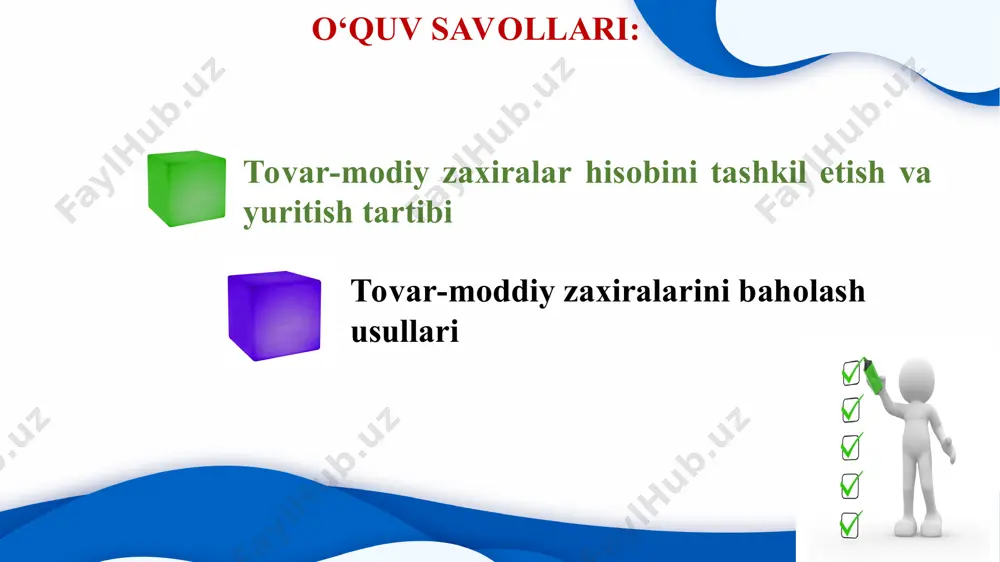 lgan yarim tayyor mahsulotlarni hisobga oluvchi schyotlar; 2300 - yordamchi ishlab chiqarishni hisobga oluvchi schyotlar; 2500 - umumishlab chiqarish xarajatlarini hisobga oluvchi schyotlar; 2600 - ishlab chiqarishdagi yaroqsiz mahsulotlarni hisobga oluvchi schyotlar; 2700 - xizmat ko‘rsatuvchi xo‘jaliklarni hisobga oluvchi schyotlar; 2800 - tayyor mahsulotlarni hisobga oluvchi schyotlar; 2900 - tovarlarni hisobga oluvchi schyotlar. ushbu bo‘limda quyidagi schyotlarning hisob tartibi yoritiladi: ehtiyot qismlar, butlovchi buyumlar, sotib olingan yarim tayyor mahsulotlar, konstruksiyalar, detallar, idishbop materiallar, inventarlar, xo‘jalik jihozlari va sh.k. qiymatliklarning mavjudligi va harakati to‘g‘risidagi axborotlarni umumlashtirish quyidagi schyotlarda amalga oshiriladi: 1010 "xom ashyo va materiallar"; 1020 "sotib olingan yarim tayyor mahsulotlar va butlovchi buyumlar"; 1030 "yoqilg‘ilar"; 1040 "ehtiyot qismlar"; 1050 "qurilish materiallari"; 1060 "idish va idishbop materiallar"; 1070 "chetga qayta ishlash uchun berilgan materiallar"; 1080 "inventar' va xo‘jalik jihozlari"; 1090 "boshqa materiallar". korxonaga tegishli bo‘lgan xom ashyo, materiallar, yoqilg‘i * zarur hollarda (ishlatiladigan materiallarning nomenklaturasi katta bo‘lganda, korxona ichida materiallarning harakati …