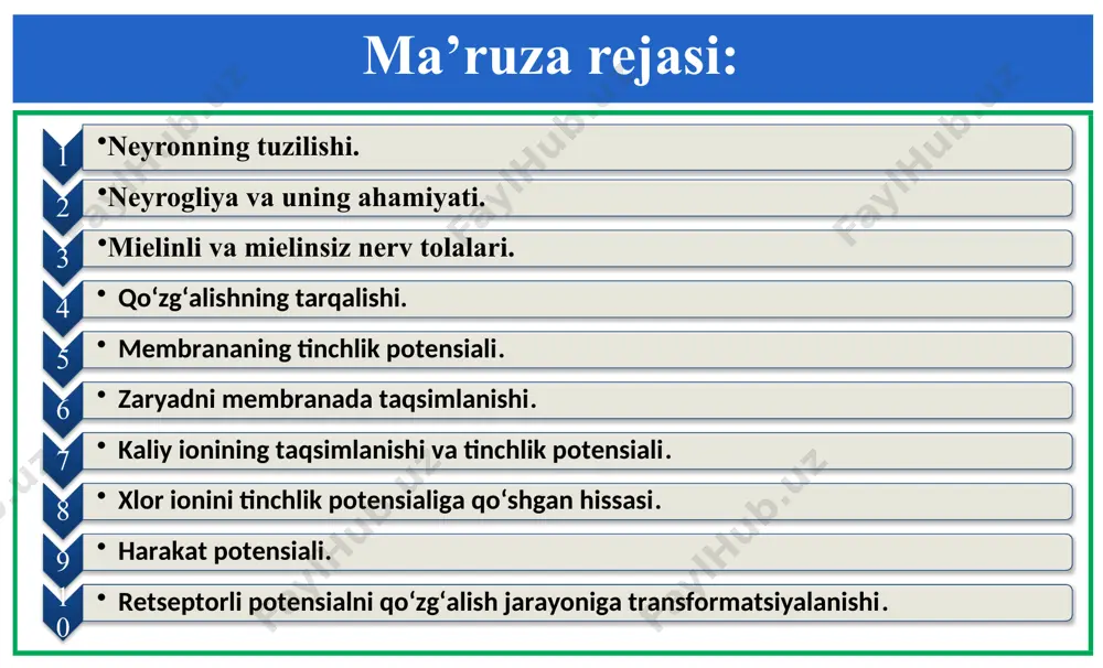 qismlariga nisbatan taxminan 3 baravar past. dendritlar tarmoqlanuvchi ko‘p o‘siqlardan iborat bo‘lib, boshqa neyronlardan keluvchi impulslarni qabul qiladi va qo‘zg‘alishni nerv hujayrasining tanasiga o‘tkazadi. 1. neyronning tuzilishi. markaziy nerv sistemasida neyronlarning tanalari bosh miya katta yarim sharlari, po‘stloq ostidagi tuzilmalar, miya stvoli, miyacha va orqa miyaning kulrang moddasiga to‘plangan. neyronlarning mielin bilan qoplangan o‘siqlari bosh miya bilan orqa miyaning turli bo‘limlaridagi oq moddani hosil qiladi. 1. neyronning tuzilishi. nerv hujayrasining tanasi va o‘siqlari membrana bilan qoplangan. bu membrana tinchlik holatida kaliy ionlarini, ko‘zg‘alish paytida esa natriy ionlarini tanlab o‘tkazadi. tinchlik holatidagi membrana potensiali taxminan 70 mv, harakat potensiali esa qariyb 110 mv. issiq qonli hayvonlarda harakat potensialining uzunligi 1—3 msek. neyronlarning membranasi bir qadar kritik darajagacha depolyarizatsiyalanganda ularda harakat potensiali vujudga keladi. neyronning ko‘proq qo‘zg‘aluvchan qismi — boshlang‘ich segmentida harakat potensiali vujudga kelishi uchun membranani o‘rta hisobda 10 mv depolyarizatsiyalash kifoya; nerv hujayrasining tanasida shuncha potensialni vujudga kelishi uchun membranani …
