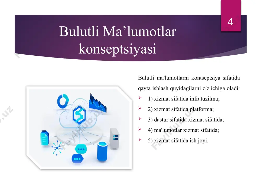 b bermoqda. masalan, ma’lumotlarni bulutli usulda saqlash va ularni boshqarish xizmatlari biznes uchun misli ko’rilmagan imkoniyatalar yaratib bermoqda. endi firma va tashkilotlar ish yuritish uchun ofis maydonlari, data-markazlar talab qilmaydilar, information tizimlar yaratishga esa katta miqdordagi investitsiyalar jalb qilishning hojati qolmaydi. 9 gibrid bulut (hybrid cloud) – bu infratuzilma yuqoridagi barcha ko’rsatilgan bulutli modellarini o‘z tarkibiga oladi (xususiy bulut va ommaviy bulut). odatda, gibrid bulut platformasi undan foydalanadigan kompaniyada yaratiladi, ularni boshqarish bo‘yicha mas’uliyat esa korxona bilan ommaviy bulutni yetkazib beruvchi o‘rtasida taqsimlanadi. gibrid bulutning bir qismi ommaviy bulutga, bir qismi xususiy bulutga tegishli bo‘lgan xizmatlarni taqdim etadi. misol sifatida xususiy bulutli texnologiya to‘g‘risida yanada aniq tasavvurga ega bo‘lishga yordam beradigan quyidagi asosiy mezonlarni ajratib ko‘rsatishimiz mumkin: bulut – bu nafaqat virtuallashtirish, negaki, server va infratuzilishni virtuallashtirish uni informatsion bulut deb hisoblashning asosi hisoblansada, virtuallashtirish va virtuallashgan muhitni boshqarishni amalga oshirish natijasida tizim o‘z-o‘zidan qandaydir turdagi bulut bo‘lib qolmaydi. texnik …
