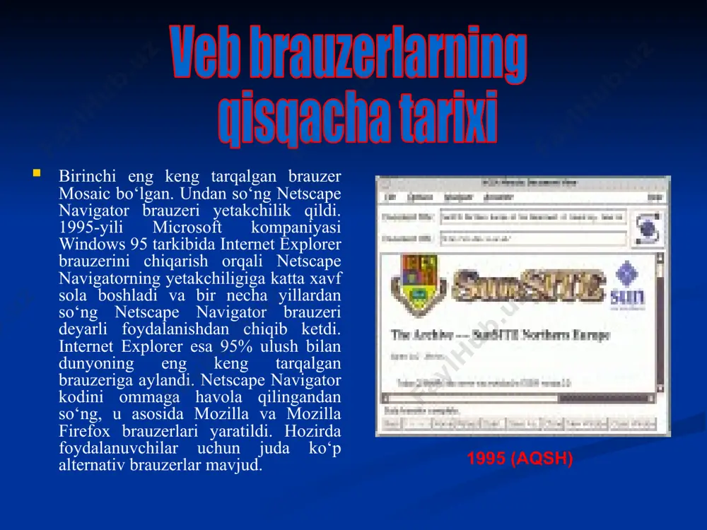 cha yo‘q, lekin ulushi asta-sekin kamayib bormoqda. net applications ma’lumotlariga ko‘ra, brauzerlarning ulushi 2009 yil avgust oyiga nisbatan quyidagicha: microsot internet explorer — 72,15%; mozilla firefox — 19,73%; safari — 6,37%; opera — 0,74%; netscape — 0,72%; mozilla — 0,10%; … jahon bo'yicha eng yetakchi brauzerlar internet explorer interne explorer brauzeri windows operatsion tizimi tarkibida komputeringizga o‘rnatilgan bo‘ladi. oddiy foydalanuvchilar ichida keng tarqalgan. faqat windows operatsion tizimida ishlaydi. ushbu brauzer to‘liq yetakchilik qilgan davrda ko‘p veb-saytlar faqat ushbu brauzerda ishlashi shart bo‘lgan xolos. hozirda boshqa brauzerlarning biror qo‘shimcha yutug‘i to‘g‘risida gap ketganda, internet explorerda yo‘qlari haqida gapiriladi. microsot kompaniyasi internet explorer(qisqacha ie) brauzerini ishlab chiqishda asosiy maqsad netscape navigator brauzeriga zarba berish bo‘lganligi uchun uning turli nostandart imkoniyatlari va kamchiliklari yaqqol ko‘zga tashlanadi. hozirga kelib nostandart imkoniyatlar asta-sekin ie brauzeridan olib tashlanyapti. internet explorer internet explorer oddiy foydalanuvchilar uchun ushbu brauzerning kamchiliklari deyarli ko‘rinmaydi, chunki, ular uchun dasturchilar ie kamchiliklarini …