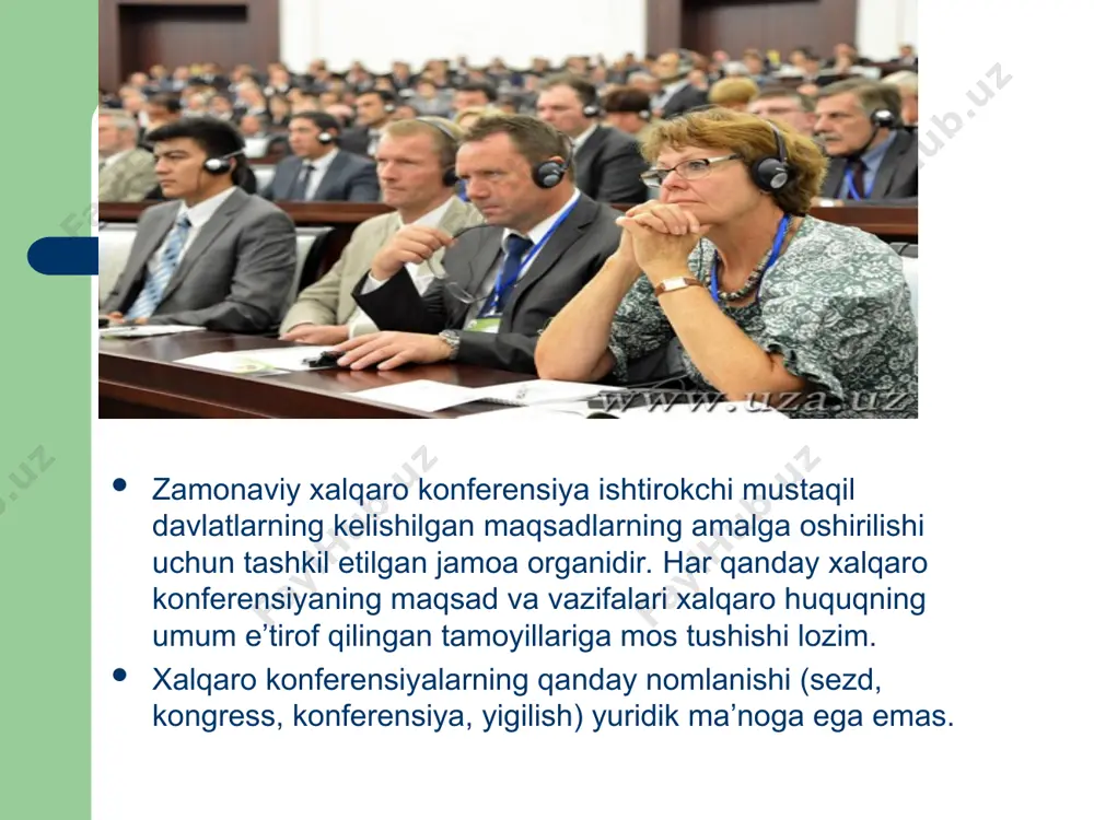 aro tashkilotlar ustavlarini tayyorlash va qabul qilish, ma’lum xalqaro muammolarni muxokama etish uchun chakiriladi. hozirgi zamon xalqaro aloqalarida xalqaro tashkilotlar davlatlar hamkorligining shakllaridan biri sifatida muhim rol o‘ynaydi. xalqaro tashkilotlar tizimining murakkablashib borishi va vakolatlarining kengaytirilishi tabiiy tus olmokda. xxi asr boshida faoliyat ko‘rsatayotgan xalqaro tashkilotlarning soni 4 mingdan ortik. bo‘lib, 300 tasi hukumatlararo tashkilotlardir. ular o‘rtasidagi aloqalar va olib borilayotgan hamkorlik ko‘lami xalqaro tashkilotlar tizimi haqida gapirishga imkon beradi. «xalqaro tashkilotlar» atamasi odatda davlatlararo (hukumatlararo) va nohukumat tashkilotlarga nisbatan qo‘llaniladi. davlatlararo (hukumatlararo) tashkilot uchun quyidagi belgilar xarakterlidir: birinchidan, davlatlarning a’zoligi; ikkinchsdan, xalqaro ta’sis shartnomasining mavjudligi; uchinchidan, doimiy organlarining mavjud bo‘lishi; to‘rtinchidan, davlatlar suverenitetining xurmat qilinishi; xalqaro tashkilotlar xalqaro huquqning subektlari hisoblanadilar. nohukumat xalqaro tashkilotlarning asosiy farqli belgilari ularning davlatlararo shartnoma asosida tashkil etilmaganliklari, jismoniy va yuridik shaxslarni birlashtirganliklari (masalan, xalqaro huquq assotsiatsiyasi)dan iborat.
