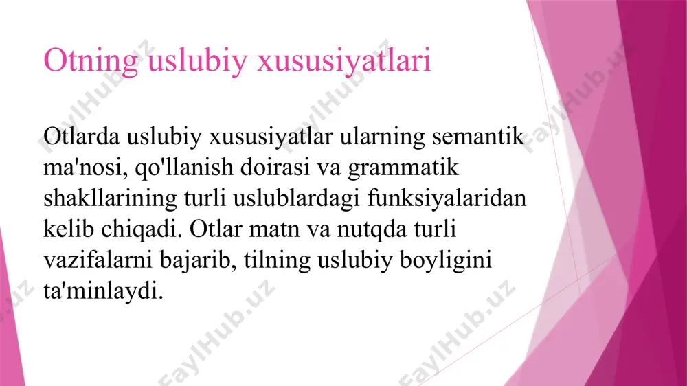 isaning aniq va obyektiv belgilarini ifodalaydi. hissiylik va tasviriylikdan xoli bo‘lib, ko‘proq ma’lumotga asoslanadi. sifatlar asosan umumiy va standart belgi bildiruvchi so‘zlardan iborat. misollar: "kimyoviy reaktsiyaning optimal harorati 37 darajani tashkil etadi." "organizmning biologik faol moddalarga sezuvchanligi yuqori bo‘ladi." 2. badiiy uslubda sifatlar xususiyatlari: obrazlilik, hissiy ta’sir kuchi va tasviriylikni oshirish uchun xizmat qiladi. metafora, o‘xshatish va boshqa stilistik usullar bilan uyg‘un ishlatiladi. badiiy matnda sifatlarning sinonimlari, tuzilgan shakllari va poetik variantlari keng qo‘llaniladi. misollar: "kipriklari o‘qdek uzun, yuzi qizil olma misol edi." "kechaning sokin va ma’yus havosi yuragimni o‘zgacha hislar bilan to‘ldirdi." sonlarning uslubiy xususiyatlari 1. ilmiy uslubda sonlar xususiyatlari: ilmiy va texnik matnlarda sonlar aniq va qat’iy ma’lumotlarni ifodalash uchun ishlatiladi. sonlar obyektivlikni ta’minlaydi, hisoblash va miqdoriy aniqlik muhim o‘rin egallaydi. asosan aniq sonlar va ularga bog‘liq terminlar qo‘llaniladi. misollar: "suvning qaynash harorati 100°c ga teng." "protsessorning tezligi 3,2 gigagertsni tashkil etadi." 2. badiiy uslubda sonlar xususiyatlari: sonlar …
