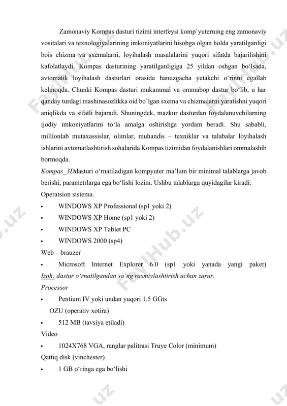 yoki 2) · windows xp tablet pc · windows 2000 (sp4) web – brauzer · microsoft internet explorer 6.0 (sp1 yoki yanada yangi paket) izoh: dastur o‘rnatilgandan so‘ng rasmiylashtirish uchun zarur. processor · pentium iv yoki undan yuqori 1.5 ggts ozu (operativ xotira) · 512 mb (tavsiya etiladi) video · 1024x768 vga, ranglar palitrasi truye color (minimum) qattiq disk (vinchester) · 1 gb o‘ringa ega bo‘lishi ko‘rsatish qurilmasi · sichqoncha «trecbol» yoki boshqalar cd – rom · dasturni o‘rnatish uchun, qaysi model bo‘lishidan qat’iy nazar zarur ushbu ma`ruzada loyihalash ishlarini avtomatlashtirishning grafik dasturi kompas_3dtizimining imkoniyatlari bilan tanishib chiqamiz. foydalanuvchi interfeysi. uskunalar paneli. kompas_3dishga tushirilgandan so‘ng dastlab, chizma bajarish uchun dastur parametrlari o‘rnatilishi lozim. ushbu parametrlar o‘qituvchi tomoidan o‘rnatilib, talaba bevosita chizma topshiriqlarini bajara oladigan holatga keltiriladi. ish stoli quyidagi tartibda jixozlanishi mumkin: 1.1-rasm. kompas_3d dasturning bosh oynasi ya’ni loyihalash muhiti. ushbu loyihalash muhitining tarkibiga quyidagi asosiy elementlar kiradi: 1. muharrirlanayotgan …
