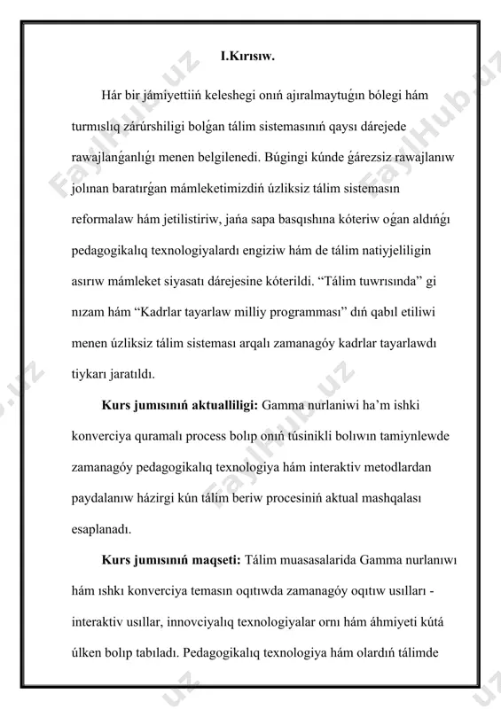 w júdá qıyınshılıqlı hám zattan ótiw qábileti júdá joqarı. kishi original gamma nurı bir neshe funt betonnan yamasa bir neshe metr suwdan ótiwi múmkin. gamma nurınıń zatlar menen tásirlashuvida tómendegiler názerde tutıladı. birinshi náwbette fotoelektrik effekt. kishi energiyalı gamma atomga zarba bersa, orbitadan elektrondıń ajırasıwı esabına (ádetde ishki qabıǵında ) gammanıń tolıq energiyası asadı. buǵan sebep atomning ionizatsiyasi hám úlken energiyalı elektrondıń hadalishi. bul reaksiya kishi energiyalı gammalardıń úlken atom atom salmaǵına iye bolǵan materiallar daǵı tásirlashuvida ayqın kórinetuǵın boladı, eger gamma shama menen 1 mev energiyaǵa iye bolsa bul process zorǵa júz boladı. hár qanday gamma energiyası electron baylanısıw energiyasınıń awısıq bólegi esaplanadı hám ol electron kinetik energiyası kórinisinde tashiladi. gammalardı kúshsizlantirishning ekinshi usılı kompton shashılıwı dep ataladı. gamma orbital (sırtqı qabıq ) yamasa erkin elektronlar menen tásirlesedi, lekin, bul halda foton energiyasınıń júdá az bólegin joǵatadı. haqıyqıy energiya joǵalıp ketiwi gamma nurınıń shashilish múyeshine baylanıslı (0 o den …