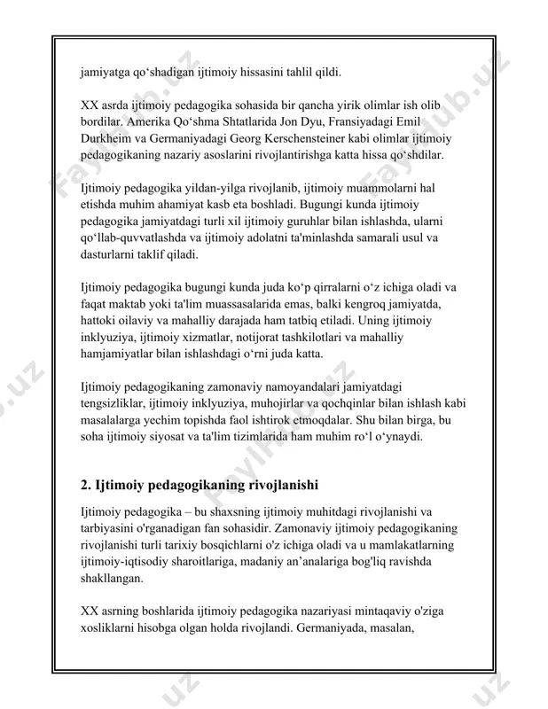 adlar ichida, albatta, sifatli ta'lim, tenglikni ta'minlash va ijtimoiy adolatni o'rnatish masalalari mavjud bo'lgani uchun ijtimoiy pedagogika bu maqsadlarning amalga oshirilishida asosiy rol o'ynaydi. xulosa qilib aytganda, ijtimoiy pedagogikaning rivojlanishi ijtimoiy muhit va shaxslar o'rtasidagi o'zaro aloqalarni chuqurroq o'rganish, yangi tarbiyaviy usullarni tadbiq etish va shaxsning jamiyatda barkamol shaxs sifatida rivojlanishini ta’minlashda muhim o'rin tutadi. 3. ijtimoiy pedagogikaning nazariy asosi "ijtimoiy pedagogikaning nazariy asosi" mavzusi bo‘yicha quyidagi ma’lumotlar berilishi mumkin: ijtimoiy pedagogika – bu shaxsning ijtimoiy rivojlanishi, ijtimoiy muhit sharoitida tarbiya va ta'limning nazariy va amaliy jihatlarini o'rganuvchi fan sohasi hisoblanadi. bu fan bolalar, o'smirlar, yoshlar va umuman jamiyat a'zolari ijtimoiylashuv jarayoni bilan shug'ullanadi. ijtimoiy pedagogika o'z oldiga qo'ygan maqsadlardan biri bu shaxsni jamiyatga ijtimoiy jihatdan moslashtirishdir. uning asosiy nazariy asoslari quyidagilardan iborat: 1. **ijtimoiy taraqqiyot nazariyasi**: bu nazariya ijtimoiy pedagogikaning negizida yotadi. u jamiyatning doimiy rivojlanishi va o‘zgarishi jarayonini tushuntirib beradi. ijtimoiy taraqqiyot insonlar o‘rtasidagi munosabatlarning rivoji va murakkablashuvi …