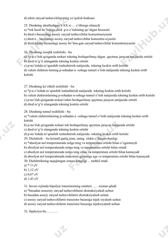 ortib ketishi 29. dielektrik – bu kristall qattiq jism, uning elektr o’tkazuvchanligi a) *absolyut nol temperaturada nolga teng va temperatura ortishi bilan o’zgarmaydi b) absolyut nol temperaturada nolga teng va temperatura ortishi bilan ortadi c) absolyut nol temperaturada nolga teng emas va temperatura ortishi bilan kamayadi d) absolyut nol temperaturada maksimal qiymatga ega va temperatura ortishi bilan kamayadi 30. dielektrikning taqiqlangan zonasi kengligi ... tashkil etadi. a) *>3 ev b) 1,12 ev c) 0,67 ev d) 1,43 ev 31. invers rejimda bipolyar tranzistorning emitteri ...... xizmat qiladi a) *bazadan noasosiy zaryad tashuvchilarni ekstraksiyalash uchun b) bazadan asosiy zaryad tashuvchilarni ekstraksiyalash uchun c) asosiy zaryad tashuvchilarni tranzistor bazasiga injek-siyalash uchun d) asosiy zaryad tashuvchilarni tranzistor bazasiga injeksiyalash uchun 32. injeksiya-bu……….. a) *n-p o’tish to’g’ri ulanganda elektronlar oqimi n sohadan p sohaga harakatlanadi, kovaklar esa teskari yo’nalishda harakatlanadi b) p-n o’tish teskari ulanganda asosiy bo’lmagan zaryad tashuvchilarning harakati c) erkin zaryad tashuvchilarning …