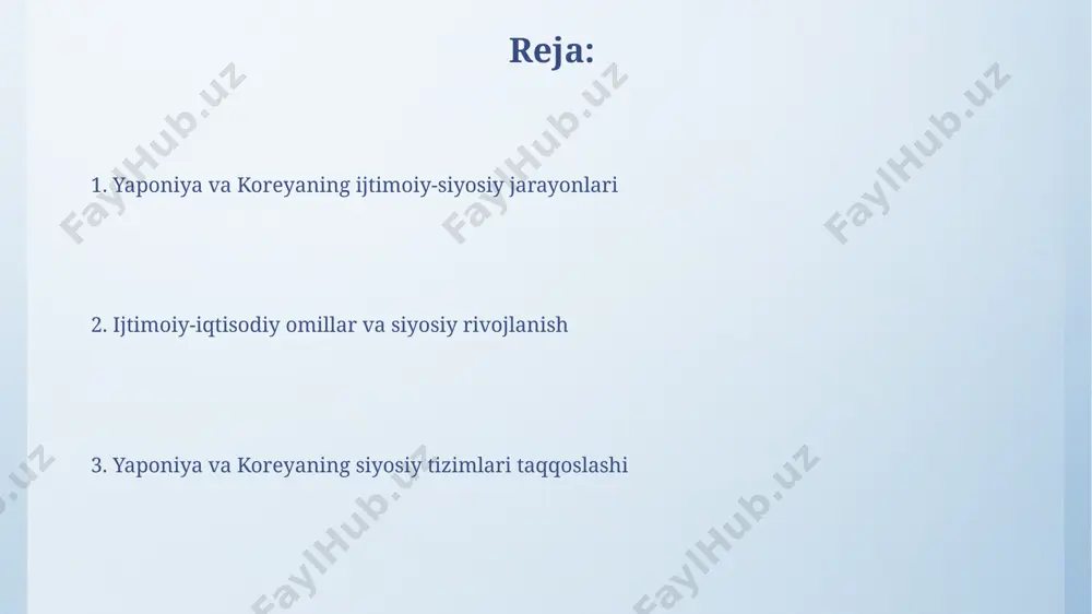 hukmronlikka duch keldi. sovuq urush davrida yaponiya va janubiy koreya aqshning ta'sirida rivojlandi, bu esa ularning iqtisodiy o'sishini tezlashtirdi, ammo shu bilan birga demokratiyaning o'ziga xos xususiyatlarini ham shakllantirdi. madaniy omillar va siyosiy jarayonlar yaponiyadagi "seym" parlamentining 465 nafar a'zosidan 290 nafari liberal-demokratik partiyadan bo'lib, bu partiyaning siyosiy ta'sirini bildiradi. janubiy koreyadagi 2022 yilgi prezidentlik saylovlarida 17 mln.dan ortiq odam ishtirok etib, mamlakatdagi kuchli fuqarolik jamiyatining ta'sirini ko'rsatdi. kelajakdagi istiqbollar va tahlillar janubiy koreyaning keksa avlodning sonining ko'payishi (65 yoshdan oshganlarning ulushi 20% dan oshadi) pension tizimiga va sog'liqni saqlash xarajatlariga bosim o'tkazadi, ijtimoiy siyosatni qayta ko'rib chiqish zarurligini keltirib chiqaradi. yaponiya va koreyaning demokratik institutlarining mustahkamligi va fuqarolik jamiyatining rivojlanishi kelgusi o'n yillikda davlat boshqaruvi samaradorligiga va ijtimoiy-siyosiy barqarorlikka ijobiy ta'sir qilishi kutiladi. yaponiya va koreyaning ijtimoiy-siyosiy tuzilmalari shimoliy koreya esa, bir partiyali sotsialistik davlat sifatida, bir necha o’n yillar davomida kim oilasi tomonidan boshqarilib kelmoqda va "chuch’e" ideologiyasiga …