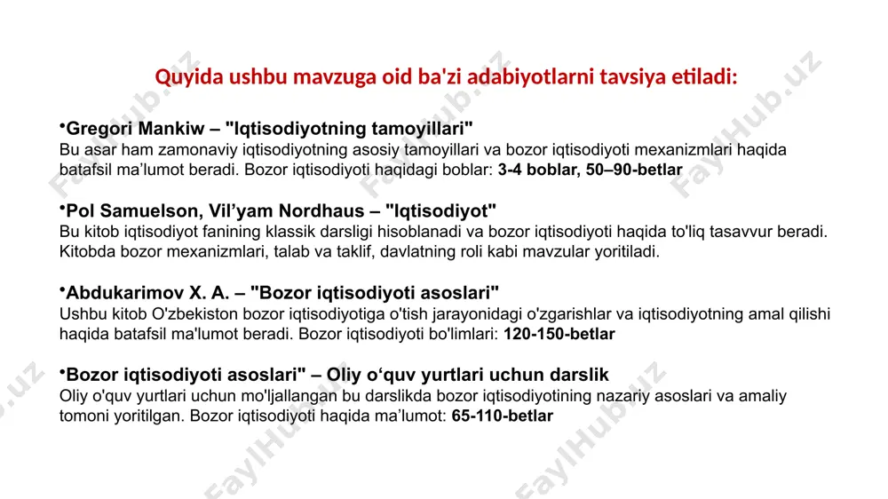sub'ektlari tarkibiga quyidagilar kiradi uy xo'jaliklari – ishlab chiqarish va xizmat ko’rsatish sohalarida yaratilgan tovar va xizmatlar iste’mol qilinadi. tadbirkorlik sektori – kapitaldan olingan daromad ishlab chiqarish faoliyatini kengaytirish uchun sarflanadi. tadbirkorlar tovar xo’jaligida tovar va xizmatlarni yetkazib beradi. davlat sektori – o'z oldiga foyda olishni maqsad qilib qo'ymagan, asosan, iqtisodiyotni tartibga solish vazifasini amalga oshiradigan turli byudjet tashkilotlari va muassasalarining majmui. bank – iqtisodiyotning me’yorda amal qilishi uchun zarur bo’lgan pul massasi harakatini tartibga soluvchi moliya-kredit muassasasi. bank uy xo’jaligi korxona (firma) davlat bozor xo'jaligi sub'ektlari o'zaro aloqasining umumiy modeli bozor iqtisodiyotini tartibga solish mexanizmi bozor iqtisodiyotini tartibga solish mexanizmi asosan to’rtta tarkibiy qismdan iborat bo’ladi: narx, talab, taklif, raqobat narxlar nisbati o’zgarib turadi, narx, ishlab chiqaruvchi uchun ishlab chiqarish hajmining o’zgarishi zarurligini aniqlashda yo’l ko’rsatkich bo’lib xizmat qiladi. talab va taklif hamda raqobatchilik muhitidagi o’zgarishlar, o’z navbatida, narxlardagi o’zgarishlarni keltirib chiqaradi. bozor iqtisodiyotining muhim va umumiy belgilari quyidagilardan …