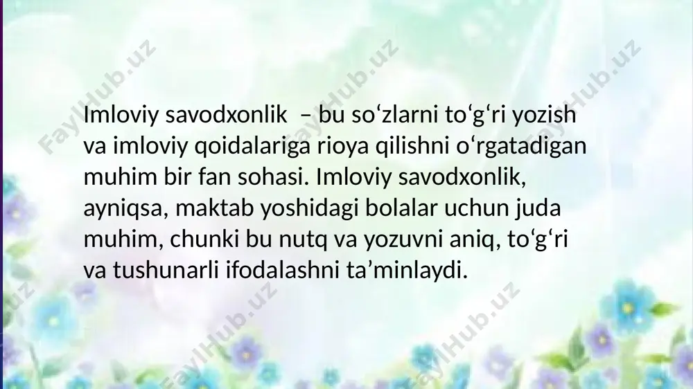 oʻn beshta (10-15 ta), bilinar-bilinmas, bordi-keldi, kuydi-pishdi, don-dun, oz-moz, mayda-chuyda, aldab-suldab, oʻylab-netib, soʻramay-netmay, kiyim-kechak, adi-badi, ikir-chikir, ich-ichidan kabi. ajratib yozish tahrir qoʻshma feʼlning qismlari ajratib yoziladi: sarf qil, taʼsir et, tamom boʻl, sotib ol, olib kel, miq etma kabi. 58. koʻmakchi feʼl va toʻliqsiz feʼl mustaqil feʼldan ajratib yoziladi: aytib ber, olib koʻr, soʻrab qoʻy, koʻra qol, bera boshla, yiqilayozdi; ketgan edi, ketgan emish kabi. lekin mustaqil feʼl bilan yordamchi feʼl orasida tovush oʻzgarishi boʻlsa, bunday qismlar qoʻshib yoziladi: bosh harf imlosi tahrir kishining ismi, ota ismi, familiyasi, taxallusi, ramziy atoqli oti bosh harf bilan boshlanadi: muhabbat majidovna, hamza hakimzoda kabi: yulduz va sayyoralar, boshqa xil osmon jismlarining atoqli oti bosh harf bilan boshlanadi: hulkar, qavs, mirrix (yulduz va sayyoralar nomi), tinchlik dengizi (oydagi relyef nomi) kabi. yer, quyosh, oy sayyora nomi boʻlib kelgandagina bosh harf bilan yoziladi: yer quyosh atrofida, oy yer atrofida aylanadi. eʼtiboringiz uchun rahmat image2.png image4.jpeg …