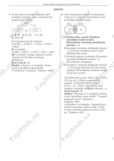 kimyo fanidan namunaviy test topshiriqlari — PDF