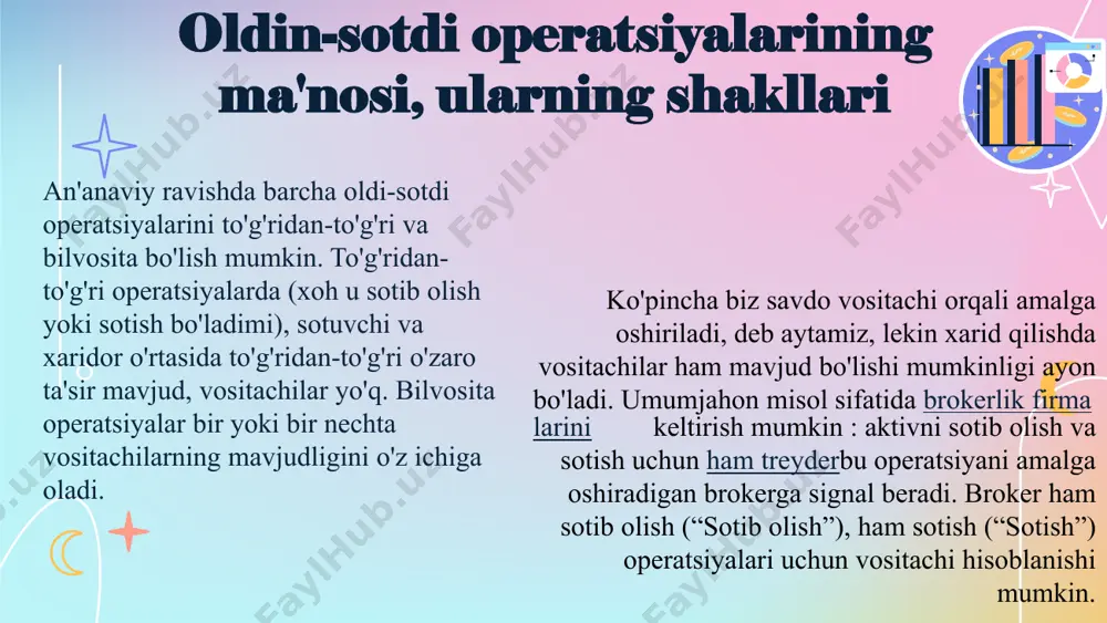 digan binolar, inshootlar, uskunalar, transport vositalari va boshqa ko‘char va ko‘chmas mulklar bo‘lishi mumkin. (o‘zbekiston respublikasining 14.04.1999 yil sanasidagi №756-i-sonli “lizing to‘g‘risida”gi qonuni). nimani lizingga olish mumkin emas? yer uchastkasini, tabiiy obyektni (masalan, dala yoki ko‘l) va davlatga tegishli bo‘lgan hamda qonun bo‘yicha erkin muomalaga chiqarilmaydigan mulkni (masalan, binolar, madaniy yodgorliklar) lizingga olish mumkin emas. o‘zbekistonda lizing to‘lovlari bir necha bosqichda amalga oshiriladi: dastlabki to‘lov – bu odatda tovarning sotib olish narxining 20-30%ni tashkil etadi; oylik to‘lovlar. ular ikki xil shaklda bo‘ladi: annuitet (butun muddat davomida bir xil miqdorda oylik to‘lovlarni amalga oshirasiz) va regressiv – birinchi oyda siz ko‘proq to‘lovni amalga oshirasiz, keyingi oylarda to‘lov miqdori asta-sekin kamayadi. lizing to‘lovlarini qanday amalga oshirish kerak? lizing kimlar uchun? sotish sharti bilan ijaraga berish yoki lizing? bu tushunchalar bir-biridan qanday farq qiladi? o‘zbekiston respublikasi «lizing to‘g‘risida»gi qonuniga muvofiq: lizing – moliyaviy ijaraning bir turi hisoblanib, ishlab chiqarish vositalari va boshqa moddiy …
