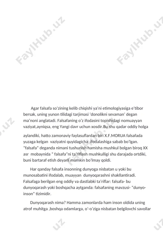 ’lum tamoyillar asosida maxsus joriy qilingan va ishlab chiqilgan tushuncha ya’ni kategoriyalar usullar orqali hal qiladi. falsafa avval boshdanoq nazariydir. bundan tashqari umuman tarixiy jihatdan tafakkurning dastlabki shakli hisoblanadi. falsafa o’z shakllanishining boshidanoq tajriba( ya’ni amaliy bilim amaliy malaka ,hayotiy ko’nikma va an’analar)dan farqli o’laroq narsalarni mantiq va dalil kundalik tasavvurlarga tanqidiy munosabat yuzaki voqea hodisalarning ichki tashqi nigohidan yashirin mohiyatini to’g’ri xulosa fikr qilish orqali topishga qaratilgan. qadimgi xitoy faylasuflari o’z davridayoq yakuniy shakldagi daho bilimli va asosiy sabab sifatidagi asosiy sabab sifatidagi dono bilish yakuniy shakldagi davoni blish kalitidir. yer yuzida ibtido mavjud va u olam onasidir. onani anglashga qachon erishilsa demak, uning bolalarni ham ang lash mumkin bo’ladi. tajriba bilan falsafa qadimiiy yunon falsafsida bir muncha aniq ajratilgan qadimgi yunon faylasuflari e’tiborini ibtido va sabablarini bilishga qaratganlar. chunki qolgan hammasi ular orqali tushhuniladi . qadimgi falsafa nazari tafakkurning muhin xususiyati bo’lmish ta’rif bilan tushuntirishni aniq farqlagan. masalan, …
