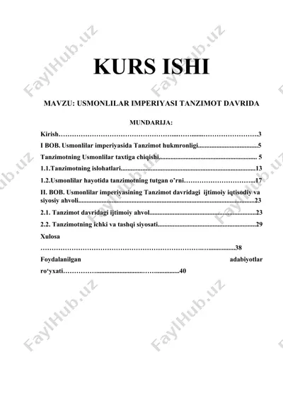 jahon tarix – usmonlilar imperiyasi tanzimot davrida (kurs ishi) — DOCX