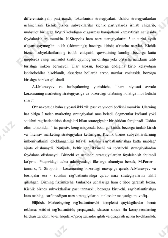 hlari o‘rganiladi. rag‘batlantirish kompleksi ushbu jarayonning ikkinchi bosqichiga ta’sir ko‘rsatib, tovar haqida axborot berish uchun mo‘lajallab konsentratsiyalanadi. ya’ni, korxona ushbu jarayonning ikkinchi bosqichi uchun mo‘ljal oladi. bunda korxona o‘z tovari xususida xabardor qiladi. kichik biznes subyektlarilar o‘z tovarlarini targ‘ib qilishga kam mablag‘ sarflashadi. ular, asosan shaxsan sotish, vitrina, tashqi reklama va propoganda usullaridan foydalanishlari samaraliroq bo‘ladi. kichik biznes subyektlarilar mahalliy shart-sharoitlarni, urf-odatlarni, iqlimni yaxshi bilishi, aholiga yaqin joylashishi, bevosita mijozlar bilan tez-tez uchrashishi ular bilan fikr almashishiga imkon beradi. ayniqsa, o‘zbekiston va boshqa sharq mamlakatlarida kollektevizm (jamoatchilik, mahalla) ruhining mavjudligi yaqin atrofda joylashgan korxona mahsulotlari to‘g‘risida ma’lumotlarni tez va keng yoyilishiga olib keladi. propogandaning bunday shakllaridan kichik biznes subyektlarilar bepul foydalanishlari mumkin. kichik biznsega mahalliy aholi ham xayrixoh munosabatda bo‘ladi. “shaxsan sotish bu - savdo bilan reklamani mujassamlashtiradi. uning asosiy xususiyati tovarni tushuntirish orqali haridorga sotadi. unda reklama bilan sotish o‘rtasidagi nisbat saqlanishi lozim. bunda push - itarish va pull …