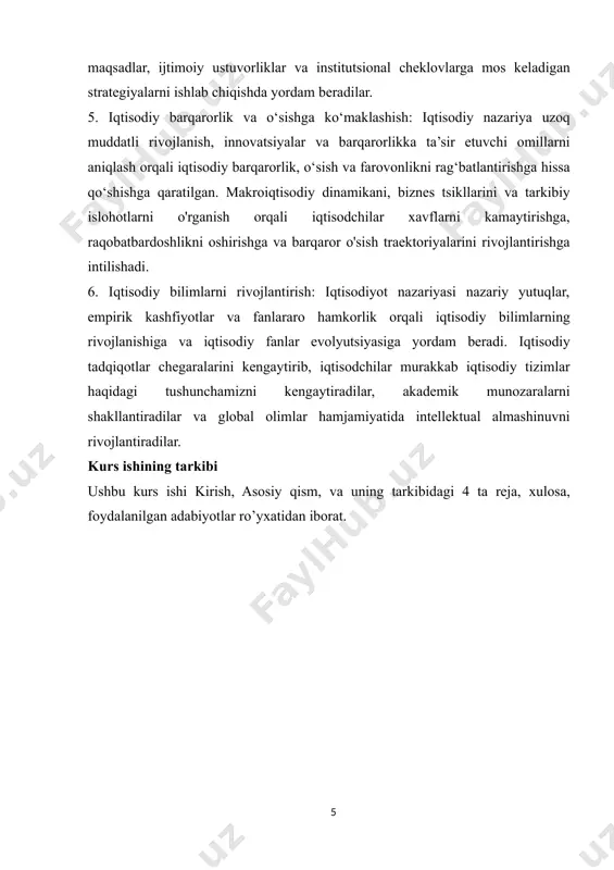 odiy fanlar va ularning tarkibi. iqtisodiy fan o’z ichiga bir butun fanlar tizimini oladi. mazkur tizimda fanlar differenstiastiyasi (tabaqalanishi) va integrastiyasining uzluksiz jarayoni boradi, ilmiy muassasa va olimlarning ixtisoslashuvi ro’y beradi. iqtisodiy fanlar tizimida markaziy o’rinni barcha boshqa iqtisodiy fanlarning nazariy va metodologik asosi hisoblangan iqtisodiyot nazariyasi egallaydi. bu fanlar iqtisodiyot nazariyasining xulosa va qoidalaridan iqtisodiyot va tarmoq muammolarini hal etishga tatbiqan foydalanadilar. o’z navbatida, boshqa iqtisodiy fanlarning natijalaridan foydalangan holda, iqtisodiyot nazariyasi nazariy xulosalarning to’g’riligini tekshiradi va o’zining yanada rivojlanishi uchun zarur materiallarga ega bo’ladi. hozirda iqtisodiy fanlarni to’rtta guruhga ajratish mumkin: 1. iqtisodiyot nazariyasi va uning asosiy yo’nalishlari: siyosiy iqtisodiyot, ekonomiks, umumiy (universal) iqtisodiyot nazariyasi. 2. umumiy iqtisodiy fanlar: jamiyat iqtisodiy rivojlanishi tarixi, iqtisodiy geografiya (yoki ishlab chiqarish kuchlarini joylashtirish), iqtisodiy statistika, shuningdek, integrastiyalashgan fanlar – boshqarish va tartibga solish nazariyasi, demografiya (nufus to’g’risidagi fan). 3. funkstional fanlar: mehnat iqtisodiyoti, prognozlashtirish, moliya, pul muomalasi, kredit, marketing. 4. tarmoq …