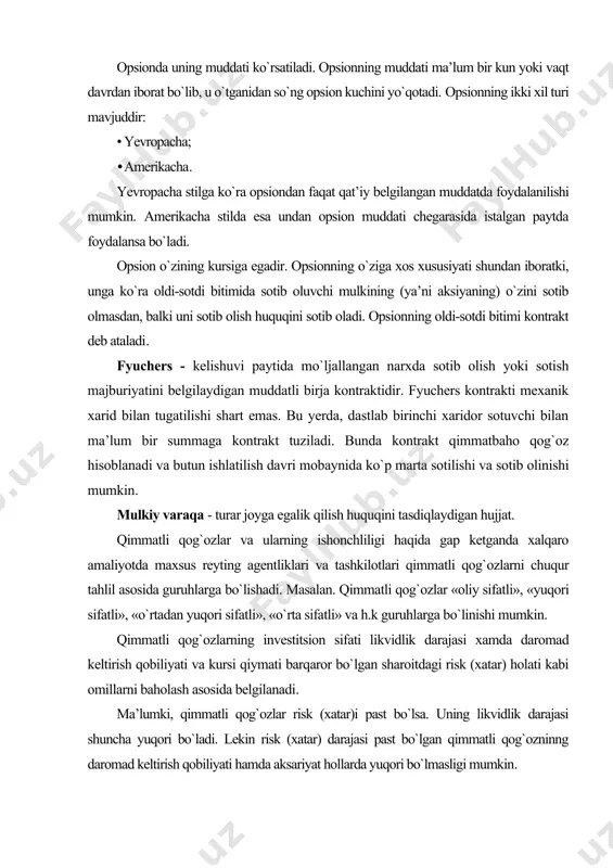ki, qimmatli qog`ozlar risk (xatar)i past bo`lsa. uning likvidlik darajasi shuncha yuqori bo`ladi. lekin risk (xatar) darajasi past bo`lgan qimmatli qog`ozninng daromad keltirish qobiliyati hamda aksariyat hollarda yuqori bo`lmasligi mumkin. qimmatli qog`ozlar portfeli bilan bog`liq bo`lgan risk (xatar)lar. kapital risk (xatar)i qimmatli qog`ozlar qo`yilgan barcha mablag`lar uchun umumiy risk (xatar) bo`lib, u zarar ko`rmasdan kapitalni qaytarib olishning real imkoniyatlariga bog`liq bo`ladi. fond bozorida yirik tanazzullar ro`y berish paytlarida (masalan, 1998 yilda janubiy koreya, yaponiya, rossiya, indoneziya, malayziya va h.k. davlatlarda) kapital riski (xatari) ayniqsa yaqqol ro`yobga chiqadi. kuchli o`zgarishlar ro`y berishi bilan bog`liq risk (xatar) natijasida qimmatli qog`ozlar chiqarilishi, qayta ro`yxatga olinishi bekor qilinishi, uning shartlari tubdan o`zgarishi mumkin. natijada ementet va investor qo`shimcha xarajatlar qilish va moddiy yo`qotishlarga duchor bo`lishi mumkin. vaqt bilan bog`liq risk (xatar) - qimmatli qog`ozni sotib olish yoki sotish uchun noqulay vaqt tanlangan holatlarda yuz beradi. qimmatli qog`ozlarni sotish va sotib olishga mavsumiylik yoki takror …