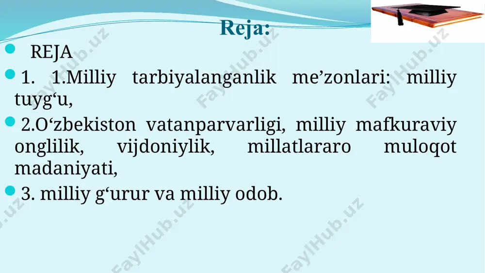 mri, vaqtini qadrlash; gunoh, xato qilsa, kechirim so‘ray olish; o‘zining yetti pushti tarixini mufassao aytib bera olish; barcha qarindoshlarining yaqinlik darajalari va nomlarini bilish va ularga mehrini namoyish qilish; sinfdoshi, o‘rtog‘i oilasida noxush voqea sodir bo‘lganida, bemor bo‘lganida albatta borib, hol-ahvol so‘rash; tanishlari, do‘stlari, notanish bolalar arazlashganda ularni yarashtirishga harakat qilish; birovning shodligidan shodlanish, qayg‘usiga hamdard, sherikligini bildira olish; (o‘g‘il bolalar uchun) qiz bolalarni har tomonlama nozik deb e’zozlash, ularga o‘z hurmatini amalda namoyon qilish; (qiz bolalar uchun) o‘g‘il bolalarni g‘ururli, mard, shijoatli deb bilish, ularga o‘z hurmatini bildirish; aka va opani ota-ona kabi izzat qilish; bir marta ko‘rishgan kishining ismini so‘rab qo‘yish va esda saqlash; vafot etgan yoki o‘zi shu yerda yo‘q kishi haqqiga g‘iybat va tuhmatdan xazar qilish; unga ishongan kishining sirini saqlay olish; “yomon” deb nom chiqargan bolalardan o‘zini tuta olish; yaxshi kishilarga havas va taqlid qilish; birovning aybiga kulmaslik, yuziga solmaslik; kek saqlamaslik; badavlat kiyingan bola …