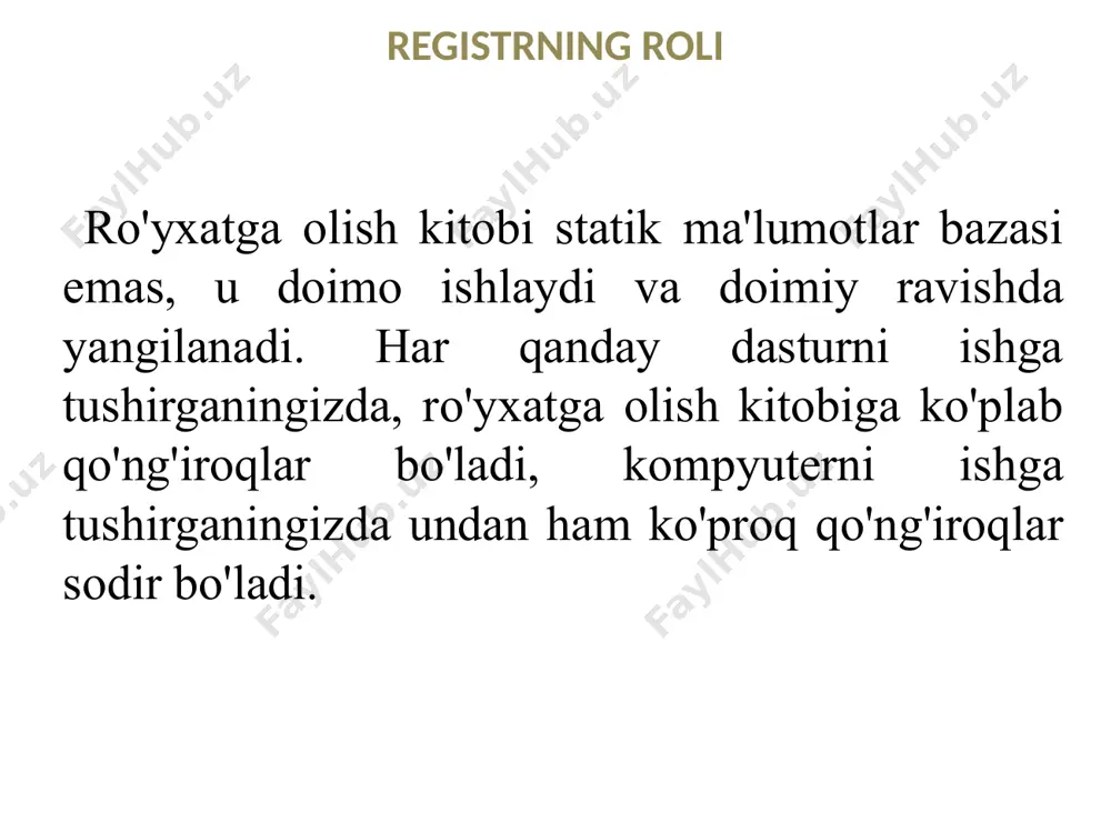 arririda ko'rish mumkin bo'lgan daraxt tuzilishi . har bir bo'lim (filial) foydalanuvchi, apparat, dastur va boshqalar haqida ma'lum turdagi ma'lumotlarga mos keladi. zamonaviy windows ro'yxatga olish kitobi jild/standart bo'lim tavsif hkey_current_user ushbu bo'lim hozirda tizimga kirgan foydalanuvchi uchun konfiguratsiya ma'lumotlarining ildizidir. bu yerda foydalanuvchi papkalari, ekran ranglari va boshqaruv paneli sozlamalari saqlanadi. ushbu ma'lumot foydalanuvchi profili bilan bog'langan. hkcu qisqartmasi ba'zan to'liq bo'lim nomi o'rniga ishlatiladi. hkey_users ushbu bo'limda barcha faol yuklab olingan kompyuter foydalanuvchi profillari mavjud. hkey_current_user kaliti hkey_users kalitining kichik bo‘limidir. ba'zan to'liq bo'lim nomi o'rniga hku qisqartmasi ishlatiladi. tuzilishi ro'yxatga olish kitobi zamonaviy windows ro'yxatga olish kitobi tuzilishi ro'yxatga olish kitobi hkey_local_machine ushbu bo'limda ushbu kompyuterga xos konfiguratsiya sozlamalari mavjud (barcha foydalanuvchilar uchun). hklm qisqartmasi ba'zan to'liq bo'lim nomi o'rniga ishlatiladi. hkey_ _ sinflar_ root hkey_local_machine\software pastki kalitidir . bu yerda saqlangan ma'lumotlar file explorer yordamida faylni ochganingizda kerakli dasturning bajarilishini ta'minlaydi. hkcr qisqartmasi ba'zan to'liq bo'lim …