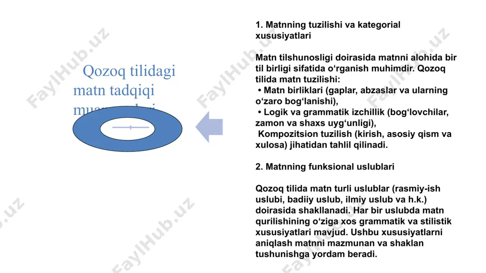 tilining badiiy matnlaridagi stilistik xususiyatlarni yoritadi. • a. kaikenova – matnshunoslik va pragmalingvistika yo‘nalishidagi asarlari bilan tanilgan. u matnning kommunikativ vazifalari va diskurs tahliliga e’tibor qaratadi . badiiy matnshunoslik qozoq tili badiiy adabiyotida matnning stilistik va semantik tahlilini o‘rganuvchi asarlar: • r. nurgaliev – qozoq adabiyoti va badiiy matnning lingvistik xususiyatlari haqidagi ishlari bilan mashhur. • b. momynova – qozoq tilidagi badiiy matnlarning lingvopoetik va stilistik jihatlarini o‘rgangan. 4. tarjima masalalari va matn tahlili tarjima nazariyasi va qozoq tilidagi matnning boshqa tillar bilan o‘zaro bog‘liqligi bo‘yicha: • a. yessimov – tarjima jarayonida matnning semantik va stilistik yaxlitligini saqlash masalalarini tadqiq qilgan. • m. amanzholova – qozoq va boshqa turkiy tillar o‘rtasidagi matn tarjimasi va intertekstual tahlil masalalariga e’tibor qaratgan. qozoq tilshunosligida matn tadqiqiga doir tadqiqotlar • s. ayapova – milliy madaniyat va matnning lingvokulturologik tahlili masalalarini ko‘taradi. • b. tursunova – qozoq xalq og‘zaki ijodi matnlarini lingvistik va madaniy jihatdan …