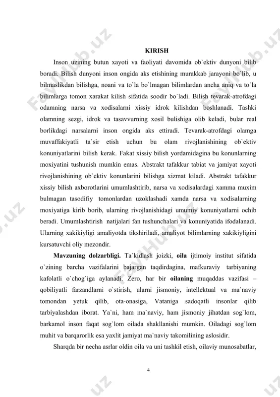 nalar tomonidan ko`rsatiladigan e`tiborning samarasini belgilaydi. bolaning psixik rivojlanishi uning ruhiyatiga ta`sir ko`rsatuvchi ob`ektiv va sub`ektiv omillarga, xususan, undagi o`zlikni anglash, o`ziga-o`zi beradigan baholar hamda munosabatlarning xarakteriga bog`liqdir. bu, avvalo, inson shaxsining psixologik asoslarini shakllantiruvchi, uning emotsional, intellektual va ijtimoiy rivojlanishiga zamin yaratuvchi ontogenezning dastlabki bosqichlariga taalluqlidir. bunda oiladagi munosabatlar, xususan, ota-onalar o`rtasidagi o`zaro munosabatlar, shuningdek, ota-ona va farzandlar o`rtasida o`rnatiladigan munosabatlarning tabiati katta rol o`ynaydi. oila ijtimoiy guruhlarning eng kichigi bo`lib, bolada o`zi va o`zgalar to`g`risida shakllanadigan ijtimoiy tasavvurlarining dastlabki muhiti sifatida katta ijtimoiy ahamiyatga molik maskandir. davlatimiz rahbari i.a.karimov ta`kidlaganlaridek, “insonning eng sof va pokiza tuyg`ulari, ilk hayotiy tushuncha va tasavvurlari birinchi galda oila bag`rida shakllanadi. bolaning xarakteri, tabiati va dunyoqarashini belgilaydigan ma`naviy mezon va qarashlar – yaxshilik va ezgulik, oliyjanoblik va mehr-oqibat, or-nomus va andisha kabi muqaddas tushunchalarning poydevori oila sharoitida qaror topishi tabiiydir”.1 tadqiqotning dolzarbligi, shu nuqtai nazardan boladagi jamiyatda, insoniy munosabatlar tizimida munosib maqomga ega …