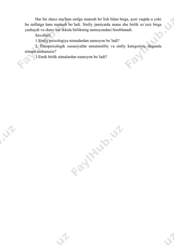 a turlicha bo`ladi. sinfiy psixologiya faqat bazis bilan bog`liq bo`lsa, etnopsixologik xuchusiyatlarda esa sinfiy psixologiya bilan birga yana tabiiy va maishiy sharoitlar, xalqning tarixiy taraqqiyot yo`llari ham aks etadi. etnopsixologik xususiyatlarning shakllanishiga barcha sinflar, ijtimoiy qatlamlar ta’sir ko`rsatadi. bunda har bir sinf ijtimoiy kuch etnik xususiyatlarga o`zining manfaat va g’oyalariga mos bo`lgan hislatlarni kiritishga va uni mustahkamlashga harakat qiladi. ayniqsa, xoqim sinf psixologiyasining etnik psixologiyaning shakllanishiga ko`rsatadigan ta’siri kuchli bo`ladi. chunki moddiy kuchga ega bo`lgan sinf, ayni vaqtda “hukmron kuch” hamdir. ma’lum bir sinfga xos bo`lgan mafkura kelib chiqish jihatidan etnik psixologiyadan keyin paydo bo`lgan bo`lsa ham, u xoqim sinflar manfaatini ifodalagani uchun etnik psixologiyaga o`z ta’sirini ko`rsatib turadi. davlat tarmoklari orqali hukmron sinf o`z mafkuralarini va manfaaatlarni etnik xususiyatlarga kiritishga harakat qiladi. kommunistik mafkura hukmronlik davrida ateist bo`lgan 2-3 avlodni voyaga yetkazdi. chunki maktab, matbuot va boshqa ta’sir vositalari uning qo`lida edi. bir millat doirasida sinfiy tafovutlar, ma’naviy boyliklarni …