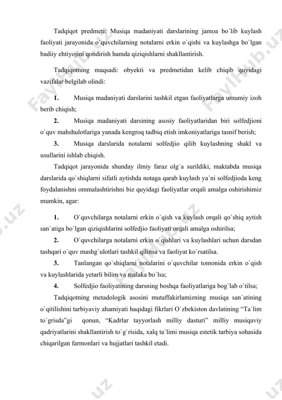 i kirish, ikki bob, xulosa va adabiyotlar ro`yhatidan iborat. i-bob. musiqa madaniyati darslari samaradorligini oshirishda nota o`quvining ahamiyati. nota o`qish malakalarini shakllantirishning tashkiliy asoslari 1.1. tovush apparatining tuzilishi. bola ovozining shakllanishi va uni saqlash bugungu kunda musiqa madaniyatining rivojlantirishda bolaning ovozini tarbiyalash va saqalash masalasi juda katta ahamiyatga egadir. biroq bolalarni qo`shiqchi qilib tarbiyalash masalalari musiqa ta`limi fanining anchagina murakkab va eng kam o`rganilgan qismidir. hozirda bolalar ovozini tarbiyalash va saqlash muommosini o`rganish masalalari bilan mamlakatimizning yirik musiqashunos mutahassislari, professorlari shug`ullanmoqdalar. bu olimlar tovush apparatining tuzilishi va rivojlanish xususiyatlarini tekshirib chiqib, bolalar ovozini tarbiyalash va saqlashning ilmiy asoslangan bir qancha metodlarini taklif etdilar. yuqori nafas yo`li sog`lom bo`lgan ko`pgina bolalarni tekshirib chiqish natijasida bolalarning nisbatan ko`p chiligining tovush apparati sog`lom bo`lmaganligi xatto ovoz boylamlari (pardalari) nosog` ekanligini aniqlashdi. mutahassislar olib borgan juda ko`p kuzatishlar natijasida shu narsa aniqlanganki bu kassalikka musiqa darslarida va xor to`garaklarida qo`shiq aytishga o`rgatishning noto`g`ri yo`lga …