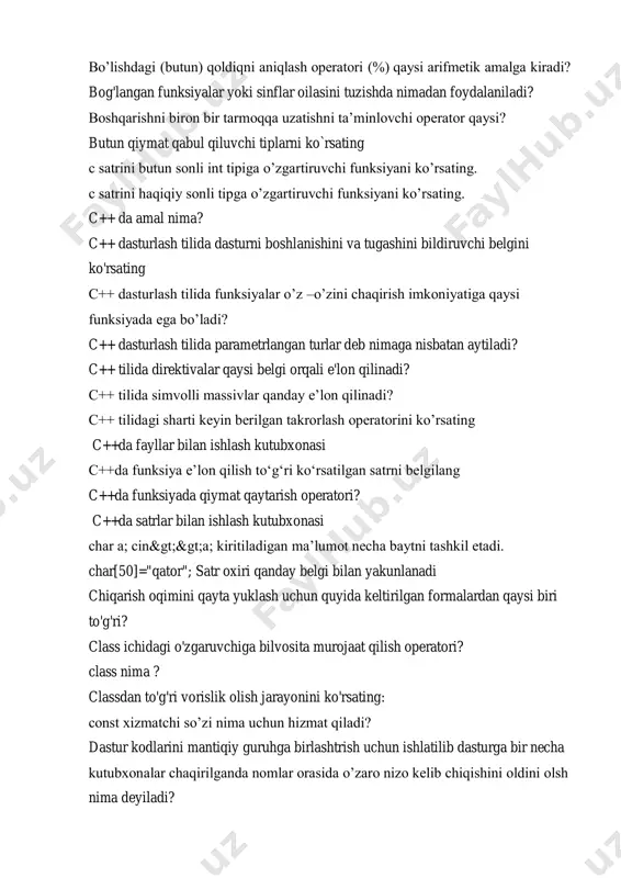 n satrni belgilang c++da funksiyada qiymat qaytarish operatori? c++da satrlar bilan ishlash kutubxonasi char a; cin>>a; kiritiladigan ma’lumot necha baytni tashkil etadi. char[50]="qator"; satr oxiri qanday belgi bilan yakunlanadi chiqarish oqimini qayta yuklash uchun quyida keltirilgan formalardan qaysi biri to'g'ri? class ichidagi o'zgaruvchiga bilvosita murojaat qilish operatori? class nima ? classdan to'g'ri vorislik olish jarayonini ko'rsating: const xizmatchi so’zi nima uchun hizmat qiladi? dastur kodlarini mantiqiy guruhga birlashtrish uchun ishlatilib dasturga bir necha kutubxonalar chaqirilganda nomlar orasida o’zaro nizo kelib chiqishini oldini olsh nima deyiladi? dastur yangi ochilganda kamida …. funksiyasi bo’ladi . dasturda global o’zgaruvchilar xotiraning qaysi qismida saqlanadi? dasturda ichki xizmatchi ma’lumotlari xotiraning qaysi qismida saqlanadi? dasturda local o’zgaruvchilar xotiraning qaysi qismida saqlanadi? dasturining asosiy qismida va funksiyada faol qo’llaniluvchi o’zgaruvchilar nima deyiladi? dasturlash tillarida qiymat qaytarmaydigan funksiyalar nima deyiladi dasturlash tilning mexanizmi bo’lib, dasturdagi (klasslarda) bir komponentni boshqa komponentdan cheklash imkonini beruvchi tushuncha nima? dasturning jumlasining tili …