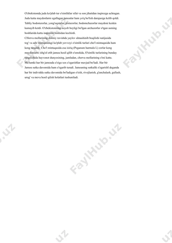 bodomchazorlar maydoni keskin kamayib ketdi. o'zbekistonning noyob boyligi bo'lgan archazorlar o'tgan asming boshlarida katta inqirozni boshidan kechirdi. chorva mollarining doimiy ravishda yaylov almashinib boqilishi natijasida tog' va adir mintqasidagi ko'plab yovvoyi o'simlik turlari cho'l mintaqasida ham keng tarqaldi. cho'l mintaqasida esa isiriq (peganum harmala l) zorlar keng maydonlarni ishg'ol etib jamoa hosil qilib o'smokda, o'simlik turlarining bunday tarqalishida hayvonot dunyosining, jumladan, chorva mollarining o'mi katta. ma'lumki har bir jamoada o'ziga xos o'zgarishlar mavjud bo'ladi. har bir jamoa sutka davomida ham o'zgarib turadi. jamoaning sutkalik o'zgarishl deganda har bir individda sutka davomida bo'ladigan o'sish, rivojlanish, g'unchalash, gullash, urug' va meva hosil qilish holatlari tushuniladi. image1.png