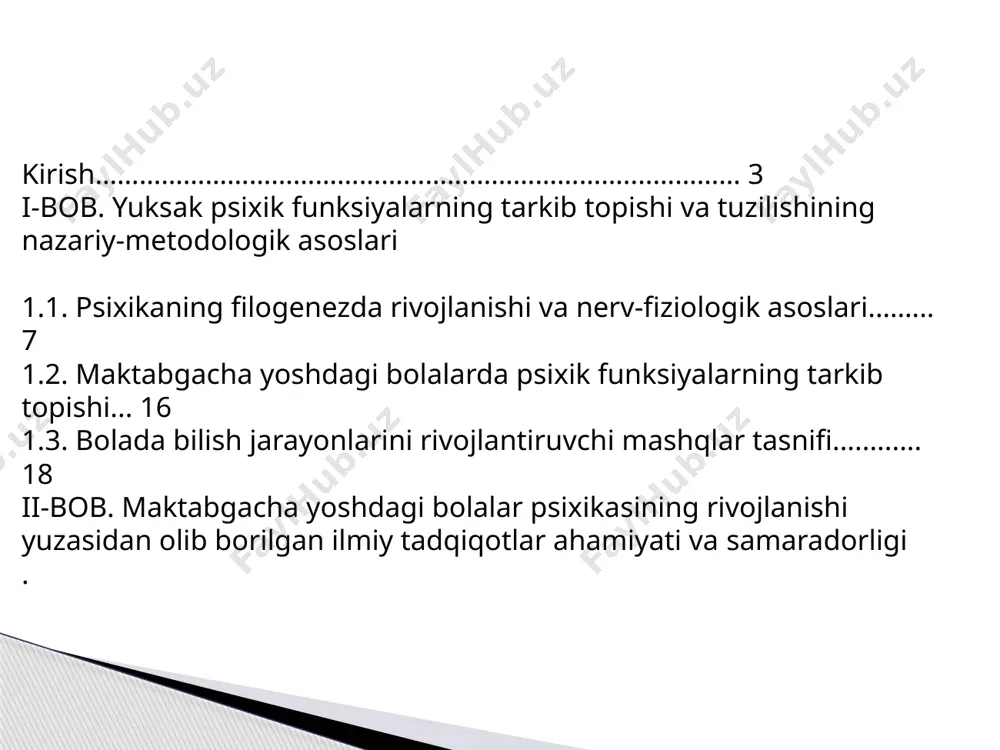 m-tarbiya jarayonining shakllanishi, psixologiya fani taraqqiyoti bosqichlarini o’rgatuvchi psixologik fanlar bo’yicha to’plangan materiallar, bolalar psixologiyasi fani xuloslarini mujassamlashtirgan ilmiy manbalar, psixologiya yo’nalishidagi monografik asarlari, zamonaviy ta’lim-tarbiya vositalari va psixologik metodlarini o’z ichiga olgan ilmiy manbalar tashkil qil i bob. yuksak psixik funksiyalarning tarkib topishi va tuzilishining nazariy-metodologik asoslari. 1.1 . psixikaning filogenezda rivojlanishi va nerv-fiziologik asoslari. kishi psixikasining paydo bo`lishi va rivojlanishi eng murakkab muammolardan biri bo`lib, tabiat qonunlarining mohiyatini tushunib еtishga harakat qiladigan tadqiqotchilarni bu muammo hamma vaqt qiziqtirib kеlgan. matеrialistik yo`nalishdagi olimlar psixikaning paydo bo`lishini matеriyaning uzoq davom etgan rivojlanishining natijasi dеb izohlashadi. ular matеriyaning tabiatini tadqiq qilisharkan, harakat matеriyaning hayot kеchirish usuli, uning tarkiban o`ziga xos ajralmas xususiyati ekanligi uchun ham shakllarini o`rganadil matеriya harakatining turli xil shakllarini o`rganadilar. o`tgan ajdodlarimiz psixologiya muammolarini izchil va atroflicha, muayyan yo`nalishda, ma'lum kontsеptsiya asosida o`rgangan bo`lsalar ham, albatta, o`z asarlarida psixik xolatlarning aks etishi, namoyon bo`lishi, rivojlanishi va o`zgarishlari to`g`risida …