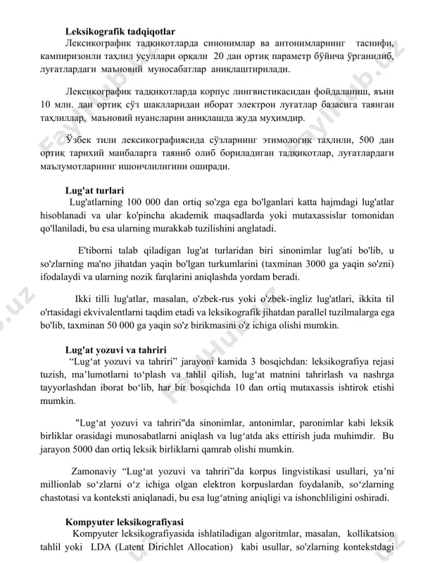 ансларни аниқлашда жуда муҳимдир. ўзбек тили лексикографиясида сўзларнинг этимологик таҳлили, 500 дан ортиқ тарихий манбаларга таяниб олиб бориладиган тадқиқотлар, луғатлардаги маълумотларнинг ишончлилигини оширади. lug'at turlari lug'atlarning 100 000 dan ortiq so'zga ega bo'lganlari katta hajmdagi lug'atlar hisoblanadi va ular ko'pincha akademik maqsadlarda yoki mutaxassislar tomonidan qo'llaniladi, bu esa ularning murakkab tuzilishini anglatadi. e'tiborni talab qiladigan lug'at turlaridan biri sinonimlar lug'ati bo'lib, u so'zlarning ma'no jihatdan yaqin bo'lgan turkumlarini (taxminan 3000 ga yaqin so'zni) ifodalaydi va ularning nozik farqlarini aniqlashda yordam beradi. ikki tilli lug'atlar, masalan, o'zbek-rus yoki o'zbek-ingliz lug'atlari, ikkita til o'rtasidagi ekvivalentlarni taqdim etadi va leksikografik jihatdan parallel tuzilmalarga ega bo'lib, taxminan 50 000 ga yaqin so'z birikmasini o'z ichiga olishi mumkin. lug'at yozuvi va tahriri “lugʻat yozuvi va tahriri” jarayoni kamida 3 bosqichdan: leksikografiya rejasi tuzish, maʼlumotlarni toʻplash va tahlil qilish, lugʻat matnini tahrirlash va nashrga tayyorlashdan iborat boʻlib, har bir bosqichda 10 dan ortiq mutaxassis ishtirok etishi …