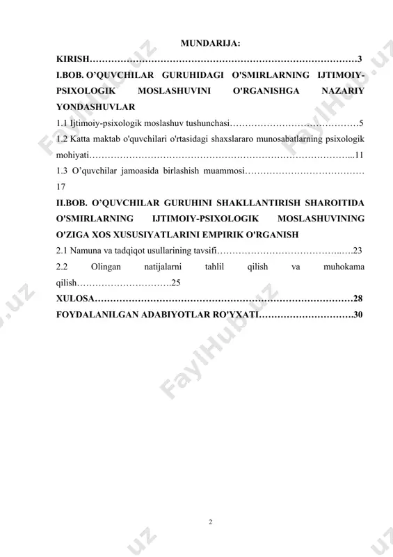 igan jamiyatda, ayniqsa, yosh odamning shaxsiyatiga moslashish qiyin kechadi; noto'g'ri moslashish doirasi kengaymoqda. yoshlar alohida, muhim bo'lsa-da, hayot istiqbollariga e'tibor berishga majbur; hayotiy qadriyatlar o'zgaradi. o'smirlik davri insonning psixologik rivojlanishida juda muhim davr hisoblanadi. endi bola emas, lekin hali voyaga yetmagan o‘smir oldida turli ijtimoiy talablar, yangi rollar paydo bo‘ladi, bu esa bu yosh davrida inson oldiga qo‘yiladigan vazifaning mohiyatini tashkil etadi. o’quvchilar jamoasi jamiyat modeli sifatida jamiyatga xos bo'lgan munosabatlar va insoniy qadriyatlar yo'nalishlari muhiti bilan tavsiflanadi. demak, o’quvchilar jamoasi jamiyatning organik birligidir. o’quvchi aylanadigan qulay muhit mavjud bo'lganda, o'quvchining individualligi va ijodiy qobiliyatlari to'liq rivojlanadi. kurs ishi maqsadi: o’quvchilar guruhini shakllantirish sharoitida ijtimoiy-psixologik moslashuv xususiyatlarini o'rganish. vazifalar: 1. psixologlarning muammo bo'yicha tadqiqotlarini o'rganish va tahlil qilish; 2. usullarni tanlash va tadqiqot olib borish; 3. tadqiqot natijalarini qayta ishlash va xulosalar chiqarish. kurs ishi ob'ekti o’quvchilar guruhidir. kurs ishi predmeti o’quvchilar guruhini shakllantirish sharoitida o'smirlarning ijtimoiy-psixologik moslashuvining xususiyatlari. kurs …