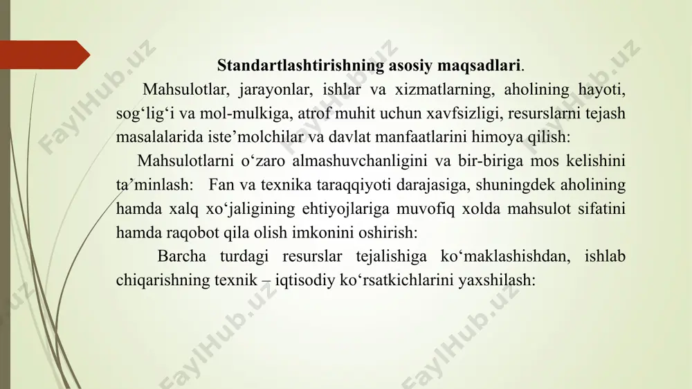 vazirlar mahkamasi tomonidan tasdiqlangan davlat ta’lim standartlari ishlab chiqiladi. standartlashtirishga doir normativ xujjatlar jumlasiga, shuningdek standartlashtirish qoidalari, normalari, texnik-iqtisodiy axborot klassifikatorlari am kiradi. mazkur xujjatlarni ishlab chiqish va qo‘llash tartibi “o‘zstandart” agentligi tomonidan belgilanadi. standartlashtirishga doir normativ xujjatlar vatanimiz hamda chet el fan va texnikasining zamonoviy yutug‘lariga asoslangan va o‘zbekiston respublikasining qonun xujjatlariga muvofiq bo‘lishi lozim. normativ xujjatlarsiz mahsulot ishlab chiqarish va realizatsiya qilishga yo‘l qo‘yilmaydi. standartlashda 6 turdagi me’yoriy hujjatlar ishlatiladi: xalqaro (davlatlararo, mintaqaviy) standartlar o‘zrning standartlari-standartlashtirishda me’yoriy-texnik hujjat bo‘lib, standartlashtirish obyektiga kompleks me’yor, talab, qoidalarni belgilab beradi va tegishli organlar tomonidan tasdiqlanadi. standartlar material tipidagi narsalarga, shuningdek, me’yorlar, talablar,qoidalarga ishlab chiqiladi. texnik shartlar. standartlashtirshdagi me’yoriy-texnik xujjat bo‘lib, ma’lum buyum, material va boshqa mahsulotlarni tayyorlashda va nazoratida umumiy talablarni belgilab beradi. st (ost)-tarmoq standartidan shu tarmoqdagi barcha korxona va tashkilotlari foydalanadilar, shuningdek, bu buyumni tayyorlovchi, ishlab chiqaruvchi va qo‘llovchi boshqa korxona va tashkilotlar ham foydalanadilar. kst (stp)-korxona standardi - …