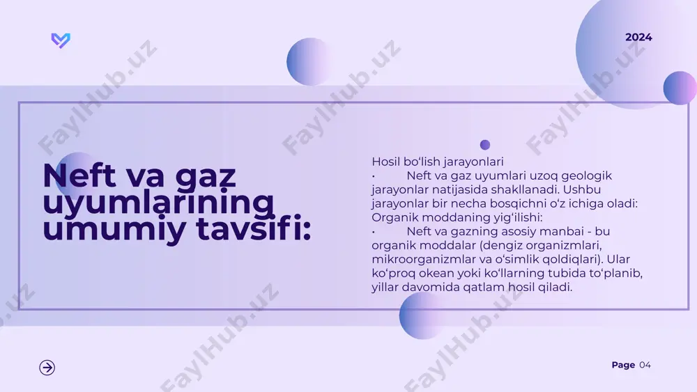 jlanishiga hissa qo'shadi. 2024 texnologik ahamiyati 1. qazib olish va qayta ishlash texnologiyalari: o zamonaviy geologik qidiruv texnologiyalari (masalan, seysmik tadqiqotlar) va qazib olish usullari (masalan, gorizontal burg'ulash va gidravlik yorilish) neft va gaz zaxiralaridan foydalanish samaradorligini oshiradi. o neftni qayta ishlash texnologiyalari yuqori sifatli benzin, dizel, aviasion yoqilg'i kabi mahsulotlarni ishlab chiqarish imkonini beradi. 2024 page page neft va gaz sohasidagi texnologik ilg'orliklar neft va gaz sohasidagi texnologik ilg'orliklar va iqtisodiy ahamiyatga ega bo'lgan bu resurslardan samarali va oqilona foydalanish, kelajakda ham global energiya talabini qondirishda muhim rol o'ynaydi. shu bilan birga, bu soha ekologik jihatdan barqarorlikka ham e'tibor qaratishi zarur, chunki atrof-muhitga ta'siri sezilarli darajada bo'lishi mumkin. neft va gaz sohasida yangi uyumlarni o‘rganish va qo‘llashning zamonaviy usullari texnologik innovatsiyalar va ilg‘or tadqiqot metodlariga asoslangan. bu usullar sohani samaraliroq va atrof-muhitga kamroq zararli qilish maqsadida doimiy ravishda takomillashib boradi. 2024 page xulosa neft va gaz sohasida qo'llanilayotgan zamonaviy …