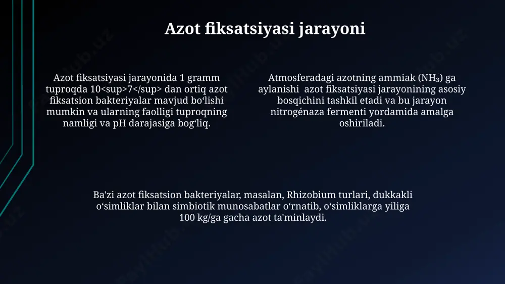 mumkin, bu esa ekologik muvozanatni saqlashda muhim rol o'ynaydi. fosforning mineralizatsiyasi fosfor mineralizatsiyasi tezligi tuproqning ph darajasiga, organik modda miqdoriga va haroratga bog'liq bo'lib, optimal sharoitlarda 5-15% fosfor mineralizatsiyasi sodir bo'ladi. fosforning mineralizatsiyasi jarayonida 100 gramm tuproqda 5-10 mg fosforning organik shakldan mineral shaklga o'tishi kuzatiladi, bu o'simliklar uchun o'zlashtiriladigan shakl hisoblanadi. tuproqdagi mikroorganizmlar, ayniqsa, bakteriyalar va zamburug'lar, fosforning mineralizatsiyasida muhim rol o'ynab, yillik fosfor aylanishining 20-30% ini ta'minlaydi. mikroorganizmlarning tuproq unumdorligidagi ahamiyati mikroorganizmlar, fosfat solubilizatsiyasi orqali, tuproqdagi o'simliklar uchun mavjud bo'lmagan fosfatni 30% gacha o'simliklar uchun o'zlashtiriladigan holatga keltiradi, bu esa hosildorlikni oshirishga yordam beradi. tuproqdagi azot fiksatsiyasi jarayonida 1 gektar yerga yiliga 100 kg gacha azot qo'shilishi mumkin, bu esa mikroorganizmlar faoliyati tufayli ro'y beradi va o'simliklar o'sishini rag'batlantiradi. mikroorganizmlar tuproqdagi organik moddalarni 90% gacha parchalab, ozuqa elementlarining oʻsimliklar uchun oʻzlashtirilishini taʼminlaydi, bu unumdorlikni sezilarli darajada oshiradi. e'tiboringiz uchun rahmat @taqdimot_robot