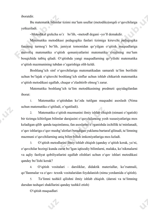lab olishlari uchun o‘quv ishlari metodikasi qanday bo’lishi kerak? 4. o‘qitish vositalari – darsliklar, didaktik materiallar, ko’rsatmali, qo’llanmalar va o‘quv- texnik vositalaridan foydalanish (nima yordamida o‘qitish). 5. ta‘limni tashkil qilishni ilmiy ishlab chiqish. (darsni va ta‘limning darsdan tashqari shakllarini qanday tashkil etish) o‘qitish maqsadlari o‘qitish mazmuni o‘qitish shakllari o‘qitish metodlari o‘qitish vositalari o‘qitishning maqsadi, mazmuni, metodlari, vositalari va shakllari metodik jihatlarining asosiy tarkiblarida murakkab, uni o’ziga xos grafik bilan tasvirlash mumkin. matematika o‘qitish metodikasi boshqa fanlar, eng avvalo, matematika fani – o’zining tayanch fani bilan uzviy bog’liq. hozirgi zamon matematikasi natural son tushunchasini asoslashda to’plamlar nazariyasiga tayanadi. boshlang’ich sinflar uchun mo’ljallangan hozirgi zamon matematika darsligining birinchi uchun berilgan quyidagi topshiriqlarga duch kelamiz: ―rasmda nechta yuk mashinasi bo’lsa, bir qatorda shuncha katakni bo’ya, rasmda nechta avtobus bo’lsa, 2-qatorda shuncha katakni bo’ya». bunday topshiriqlarni bajarish bolalarni ko’rsatilgan to’plamlar elementlari orasida o’zaro bir qiymatli moslik o’rnatishga undaydi, bu esa natural son tushunchasini shakllantirishda …