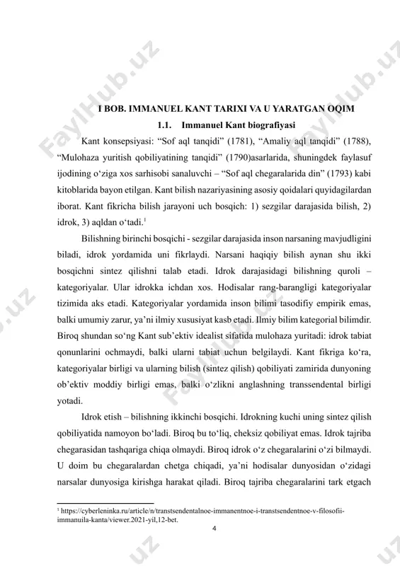 bevosita emas, balki bilvosita – idrok orqali bog‘lanadi. aql bilishning oliy bosqichi bo‘lsa-da, idrokka ko‘p jihatdan yutqizadi. u tajribaning mustahkam zaminidan ajralgach, dunyoqarash darajasidagi savollarning birortasiga ham uzil-kesil – ha yoki yo‘q deb javob bera olmaydi. dunyo vaqtda va makonda boshlanadimi yoki u cheksiz va boqiymi? inson joni boqiymi yoki foniymi? iroda erkinligi mavjudmi yoki dunyoda hyech qanday erkinlik mavjud emas, hamma narsa tabiiy zarurat qonuniga ko‘ra yuz beradimi? xudo bormi yoki yo‘qmi? idrok bunday savollarni bera olmagan bo‘lardi. aql esa bunday savollarni beradi, biroq ularga javob topa olmaydi. uning da’volari imkoniyat darajasida emas. sof nazariy aql o‘z mag‘lubiyatini tan olishi lozim, chunki u o‘zidagi narsalarni bila olmaydi. ammo nima uchun u shunga qaramay bilishning oliy bosqichi deb e’tirof etiladi? shuning uchunki, aqlning sof g‘oyalari (kant ularni tamoyillar deb nomlagan) bilishda oliy tartibga solish vazifasini bajaradi. ular idrokka yo‘l ko‘rsatadi. aql g‘oyalarini ufq chizig‘iga o‘xshatish mumkin: garchi bu chiziqqa yetib …
