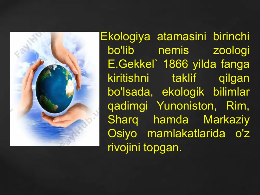ing ko'pchiligi hindistonda o'sadigan o'simliklar va yashaydigan hayvonlarga o'xshashligini yozib qoldirgan (1482-1530) ekologiyaning keyingi taraqqiyoti evropada xviii asrda o'z aksini topadi. o'sha davrlarda k.linney va j.byuffonlar qimmatli ilmiy kuzatishlar olib borishgan. xix asr boshlarida nemis tabiatshunosi a.gumbold o'simliklar hayotiy shakllarining dastlabki klassifikatsiyasini tuzdi. dastavval o'simliklar va xayvonlar ekologiyasi sohasida kuzatishlar olib borgan f.klements va v.shelfordlar, moddalar almashinuvi va ozuqa zanjiri kontseptsiyalariga asos solgan. t.lindeman va dj.xatchinsonlar ko'l ekotizimlarini kuzatgan. e.birdje va chana djudee va boshqa olimlarning kuzatishlari umumiy ekologiya fanining nazariy asoslarini tashkil etdi. xx asr boshlarida o'simlik va hayvonlarning tashqi muhit bilan o'zaro ta'sirini o'rganish bosh masala qilib qo'yildi. shu bilan birgalikda organizm-larning ichki suv xavzalarida yashash sharoitini o'rganish ham boshlab yuborildi. suvda yashovchi organizmlarni o'rganuvchi gidrobiologlar biomassa (nemis olimi t.demol), biotsenoz mahsuloti (r.demol, a.tineman) tushunchalarini ta'riflab berdilar. ekologlar o'z tajribalarini dala sharoitida olib boradigan bo'ldilar. ingliz olimi a.tensli (1935) birgalikda yashaydigan avtotrof va geterotrof organizmlarning har qanday jamoasi …