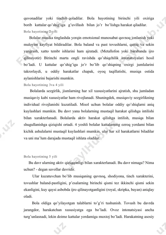 gini, p’esalarning birinchi qismi tez ikkinchi qismi sekin ekanligini, kuy qaysi asbobda ijro qilinayotganligini (royal, skripka, bayan) aniqlay oladi. bola oldiga qo’yilayotgan talablarni to’g’ri tushunish. tovush bu davrda jarangdor, harakatchan xususiyatga ega bo’ladi. ovoz intonatsiyasi ancha turg’unlasnadi, lekin doimo kattalar yordamiga muxtoj bo’ladi. harakatning asosiy turlari - yurish, chopish, sakrashlarni egallash bolalarga bu harakat turlarini o’yin, raqslarda qo’llash imkonini beradi. bola hayotining 6-7 yillari bu davr bolalarni maktabga tayyorlash davridir. bog’chada olingan musiqaviy ta’asurotlar, bilimlar ta’sirida bolalar musiqa asarlariga xarakleristika berish uning ifoda vositalarini tahlil qilishlari musiqada ifodalangan har xil kayfiyatlarni sezishlari mumkin. bola musiqaviy obrazlarni butunligicha qabul qilish qobiliyatiga ega b’ladi. bu esa tevarak-atrofga estetik munosabatni tarbiyalashga katla yordam beradi. 6-7 yoshli bolalarda ovoz apparati yanada rivojlanadi. ovozda kuychanlik, jarangdorlik paydo bo’ladi. qo’shiq, raqs va o’yinlar mustaqil ravishda ijro qilinadi. musiqaviy qiziqish va qobiliyatlar yorqinroq namoyon bo’ladi. birinchi sinf birinchi sinfda musiqa darslarining maqsadi va vazifalari bolalarning psixologik-fiziologik xususiyatlari …