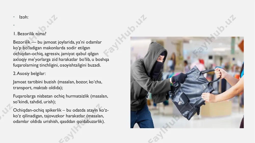 dudda harakatlanishini, ayrim joylarga borishini, ayrim faoliyatlar bilan shug‘ullanishini cheklaydi, lekin u turmada bo‘lmaydi. • • ozodlikdan mahrum qilish — bu esa to‘liq qamoqqa olinishini anglatadi. • 277-modda, 3-qism — bezorilikning eng og‘ir holati • • > bezorilik, qurol yoki sovuq qurol sifatida ishlatiladigan buyumlarni ishlatib, tan jarohati yetkazish yoxud qarshilik ko‘rsatish bilan bog‘liq bo‘lsa —besh yildan yetti yilgacha ozodlikdan mahrum qilish bilan jazolanadi. • to‘liq izoh: • bu qismda uchta asosiy og‘irlashtiruvchi holat mavjud bo‘lib, ularning har biri jinoyatni juda og‘irlashtiradi: • 1. qurol yoki sovuq qurol bilan bog‘liq bezorilik • • bu holatda jinoyatchi nafaqat qo‘l ko‘targan, balki qurol (masalan, to‘pponcha, pichoq, tayoq, bolta, armatūra va hokazo) bilan hujum qilgan bo‘ladi. • • qurol ishlatish — odatda jinoyatga tayyorgarlik ko‘rilganini, shafqatsizlikni va xavfli niyatni anglatadi. • • misol: jamoat joyida kimnidir pichoqlash, yoki mashinadan armatura olib odamni urish — bu bezorilik va qurol qo‘llash deb baholanadi. • 2. …