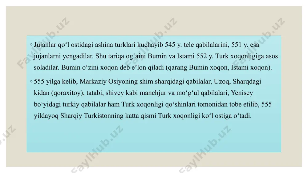 g‘u qo‘shinlari eftaliylar davlatiga ketma-ket zarbalar berib uning hududlarini, ya’ni hozirgi o‘rta osiyo va kaspiy dengizigacha bo‘lgan erlarni egallashga muvaffaq bo‘ladi. buning oqibatida eftaliylar davlati qulaydi. turk xoqonligi o‘rta osiyo erlarini ishg‘ol etgach, uning hududlari bevosita eron chegarasiga tutashadi. dastlab xoqonlik eron bilan yaxshi qo‘shnichilik, savdo-sotiq aloqalarini o‘rnatishga intiladi. eron shohi xusrav 1 anushirvonga turk malikasi uzatiladi, eronga elchilar yuboriladi. biroq turk xoqonining eronga ikki bor yuborgan elchilari faoliyati muvaffiyatsiz chiqqach, eronning turklar bilan murosaga bormasligi, uning qat’iy dushmanligi ro‘yirost ma’lum bo‘ladi. buning boisi eron shohining o‘rta osiyo hududlariga da’vogarligida edi. bu esa, shubhasiz, bir necha bor xoqonlikning eron bilan urushlar olib borishiga sabab bo‘ladi. istami qo‘shiqlari eron shohi xisrav i ni engadi, eron shohlari turk xoqonligiga 400 ming vizantiya tillasi hajmida tovon to‘lash majburiyatini olishga majbur bo‘ladi. mug‘anxon va uning avlodlari g‘arbda qora dengizgacha bo‘lgan hududlarni zabt etib o‘zlariga bo‘ysundiradilar. turk xoqonligida illm fan va madaniyat turk xoqonligi 568-569 …