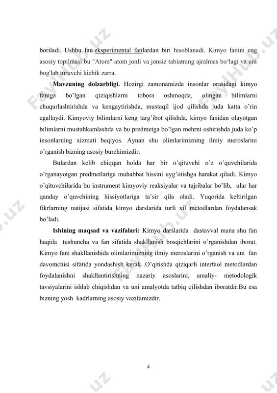 il etgan elementlarni hamda shu elementlardan hosil bo’lgan turli oddiy va murakkab moddalarni, ularning bir-biriga aylanishiga doir murakkab qonunlarni o’rganadi. kimyo, ximiya — moddalarning tuzilishi va oʻzgarishini oʻrganadigan fan. kimyo boshqa fanlar qatori inson faoliyatining mahsuli sifatida vujudga kelib, tabiiy ehtiyojlarni qondirish, zaruriy mahsulotlar ishlab chiqarish, biridan ikkinchisini xrsil qilish va, nihoyat, turli hodisalar sirlarini bilish maqsadida roʻyobga chiqdi. odamlar qadimda rudalardan metallarni ajratib olish, turli xil qotishmalar tayyorlash va qoʻllash, jumladan, shisha tayyorlash va undan turli maqsadlarda foydalanishni bilganlar. miloddan avvalgi misrda kimyoviy jarayonlarga asoslangan hunarmandchilik rivojlanganligi maʼlum. pishiq charm tayyorlash, uni boʻyash, rangli shisha olish, oʻsimliklardan dori-darmon va xushboʻy hidli moddalar tayyorlash, sopol buyumlar ishlab chiqarish yoʻlga qoʻyilgan. oʻsha davrlarda kimyoviy mahsulotlar hindiston, xitoy va oʻrta osiyoda ham ishlab chiqarilgan. "kimyoi hunar" sohibi boʻlgan kimyogar bir moddadan ikkinchi mahsulotni tayyorlash ishi bilan shugʻullangan. oʻzbekistondan oʻtgan buyuk ipak yoʻli orqali miloddan avvalgi 1-ming yillikning 2-yarmidan boshlab, mamlakatga savdo-sotiq bilan …
