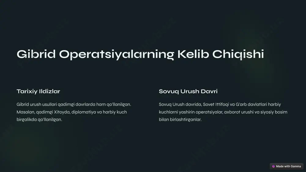 ontseptsiyasining rivojlanishi 1 sovet ittifoqining afg'onistondagi urushi (1979-1989) 2 serbiyaning kosovo urushi (1998-1999) 3 aqshning iroqqa bostirib kirishi (2003) 4 rossiyaning gruziyaga bostirib kirishi (2008) 5 rossiyaning ukraina urushi (2014-hozir) 6 gibrid operatsiyalarning zamonaviy variantlari kiberhujumlar dushmanning infratuzilmasiga va axborot tizimlariga kiberhujumlar o'tkazish. ijtimoiy tarmoqlarda manipulyatsiya jamoatchilik fikrini buzish uchun ijtimoiy tarmoqlarda yolg'on ma'lumot tarqatish. propaganda dushmanning obro'sini buzish va o'z maqsadlarini qo'llab-quvvatlash uchun propaganda tarqatish. yashirin harakatlar dushmanning ichki ishlariga aralashish uchun yashirin harakatlar o'tkazish. 7 gibrid operatsiyalarning o'zbekistonda qo'llanilishi 1 terrorizmga qarshi kurash gibrid urush usullari terrorizmga qarshi kurashda qo'llanilishi mumkin. 2 chegara xavfsizligi gibrid urush usullari chegaralarning xavfsizligini ta'minlashda qo'llanilishi mumkin. 3 siyosiy barqarorlik gibrid urush usullari davlatning siyosiy barqarorligini himoya qilishda qo'llanilishi mumkin. 8 gibrid operatsiyalarni muvaffaqiyatli amalga oshirish uchun tavsiyalar 1 tayyorgarlik gibrid urush usullari uchun puxta reja tuzish va tayyorgarlik ko'rish kerak. 2 aloqa va muvofiqlashtirish har xil idoralar va tashkilotlar o'rtasida samarali aloqa …